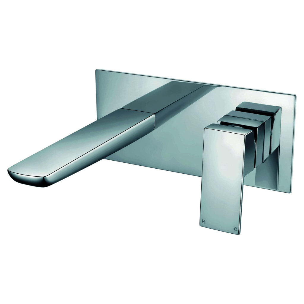 Sleek chrome bathroom mixer tap with modern angular design, ideal for contemporary bathroom interiors.