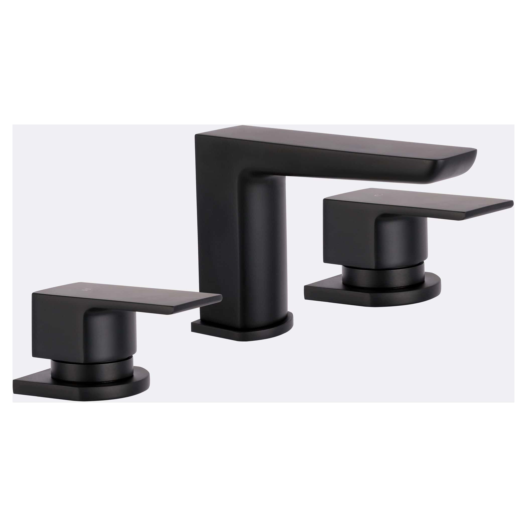 Sleek matte black bathroom tap set with modern geometric design, perfect for contemporary bathrooms, featuring dual handles and a central spout for style and functionality.