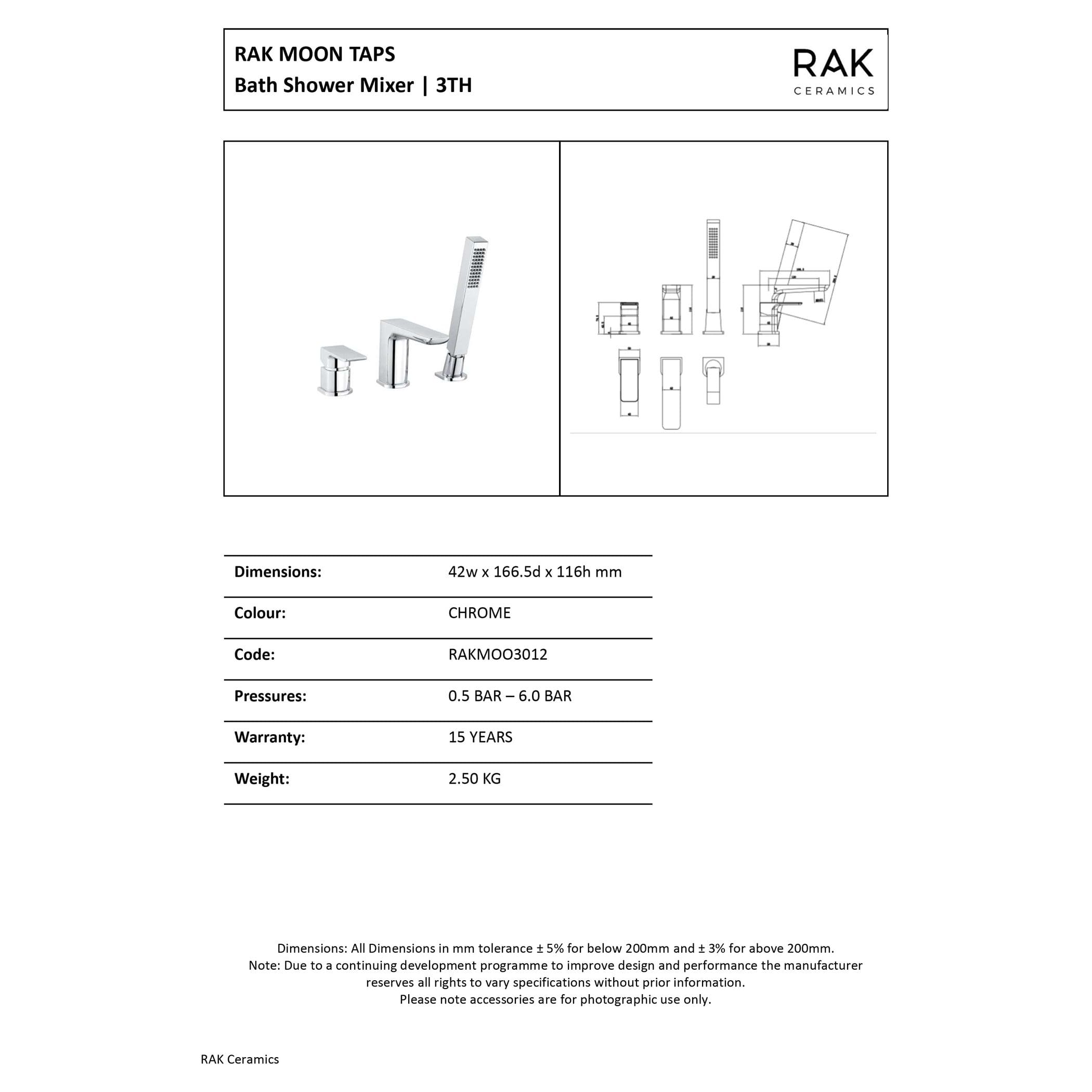 Shiny chrome RAK Moon Tap bathroom shower mixer with sleek design and technical schematic, ideal for modern bathrooms seeking stylish, durable, high-pressure plumbing fixtures.