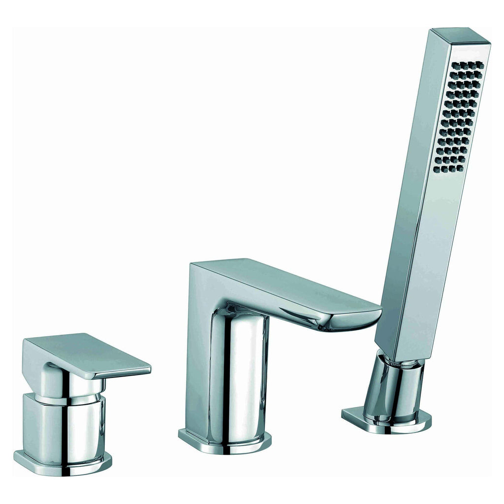 Polished chrome bathroom tap set with modern design, including a mixer tap and hand-held shower head, ideal for contemporary bathroom upgrades.