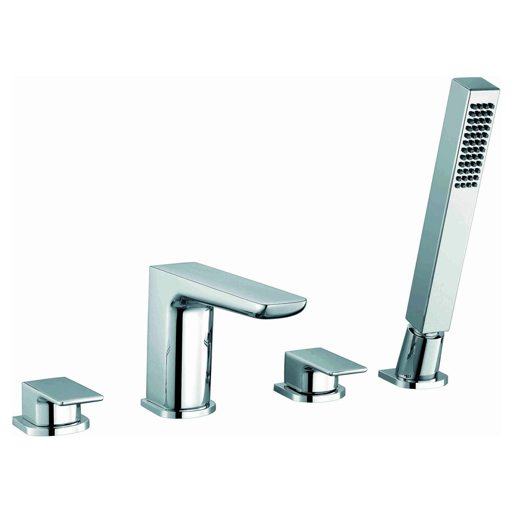 Sleek modern chrome bathroom tap and shower set including mixer valve and handheld shower head, ideal for contemporary bathroom designs. Perfect for stylish, functional bathroom upgrades.
