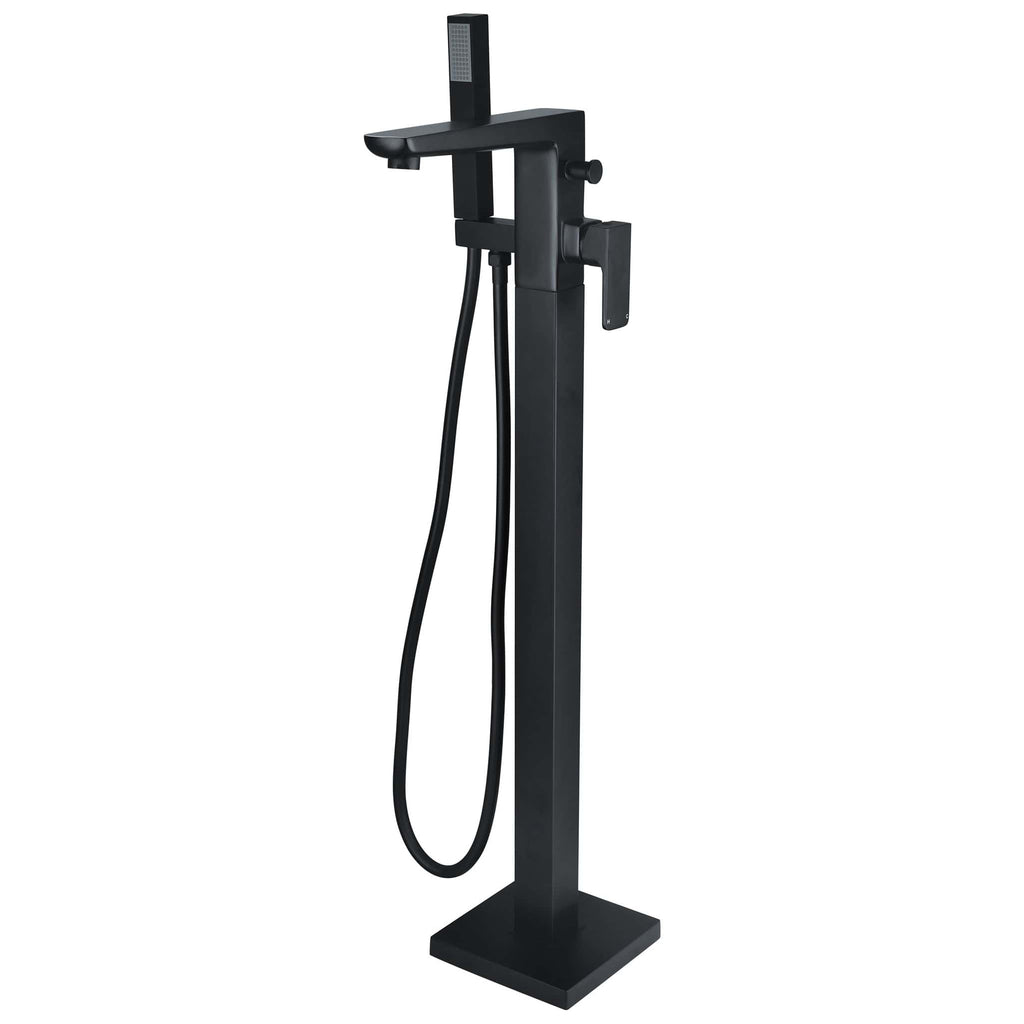 Sleek black freestanding bathroom shower and tap station with handheld shower head, modern design, ideal for contemporary bathrooms and bathing solutions.