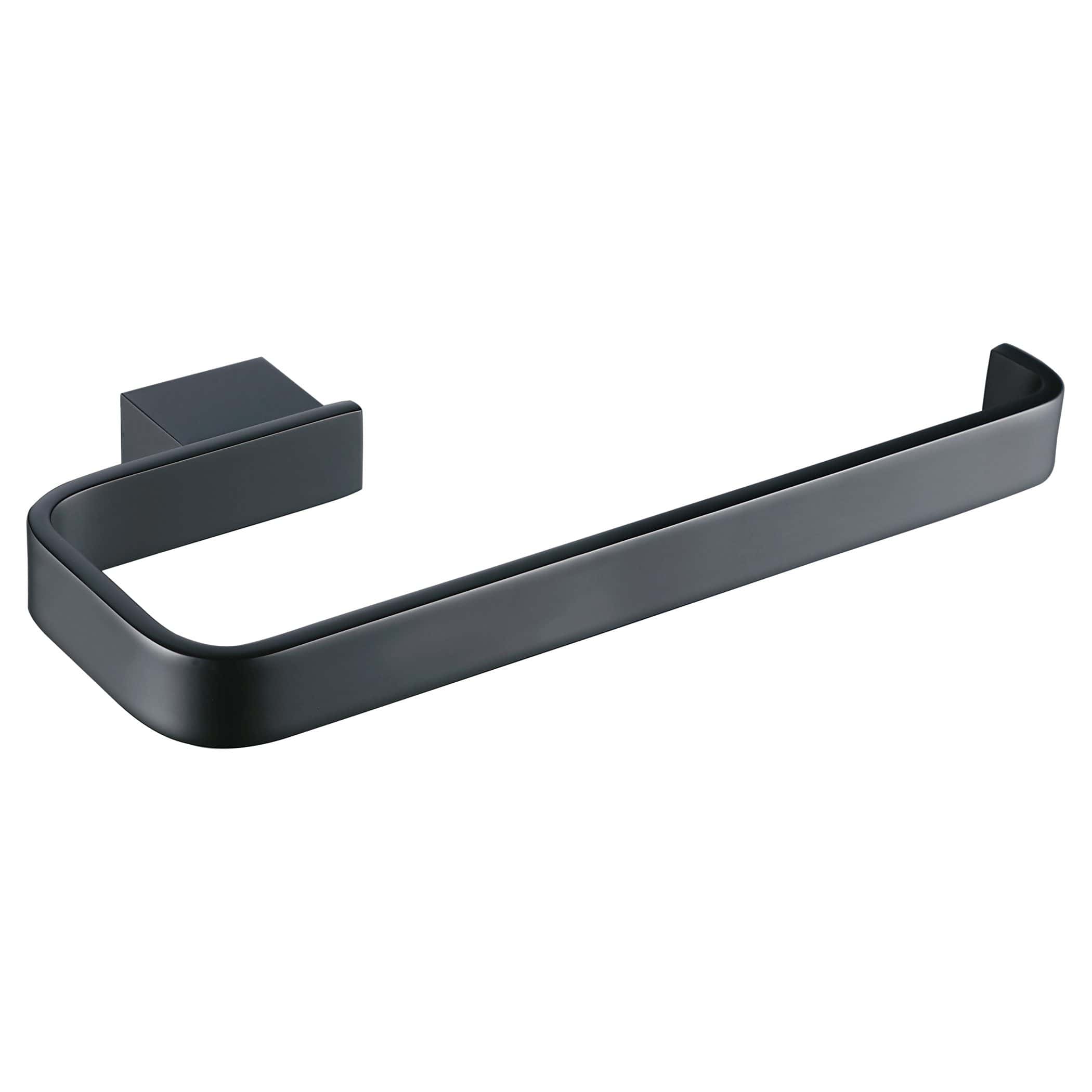 Sleek black bathroom towel rail with modern square wall mount, perfect for contemporary bathroom decor and towel organisation.