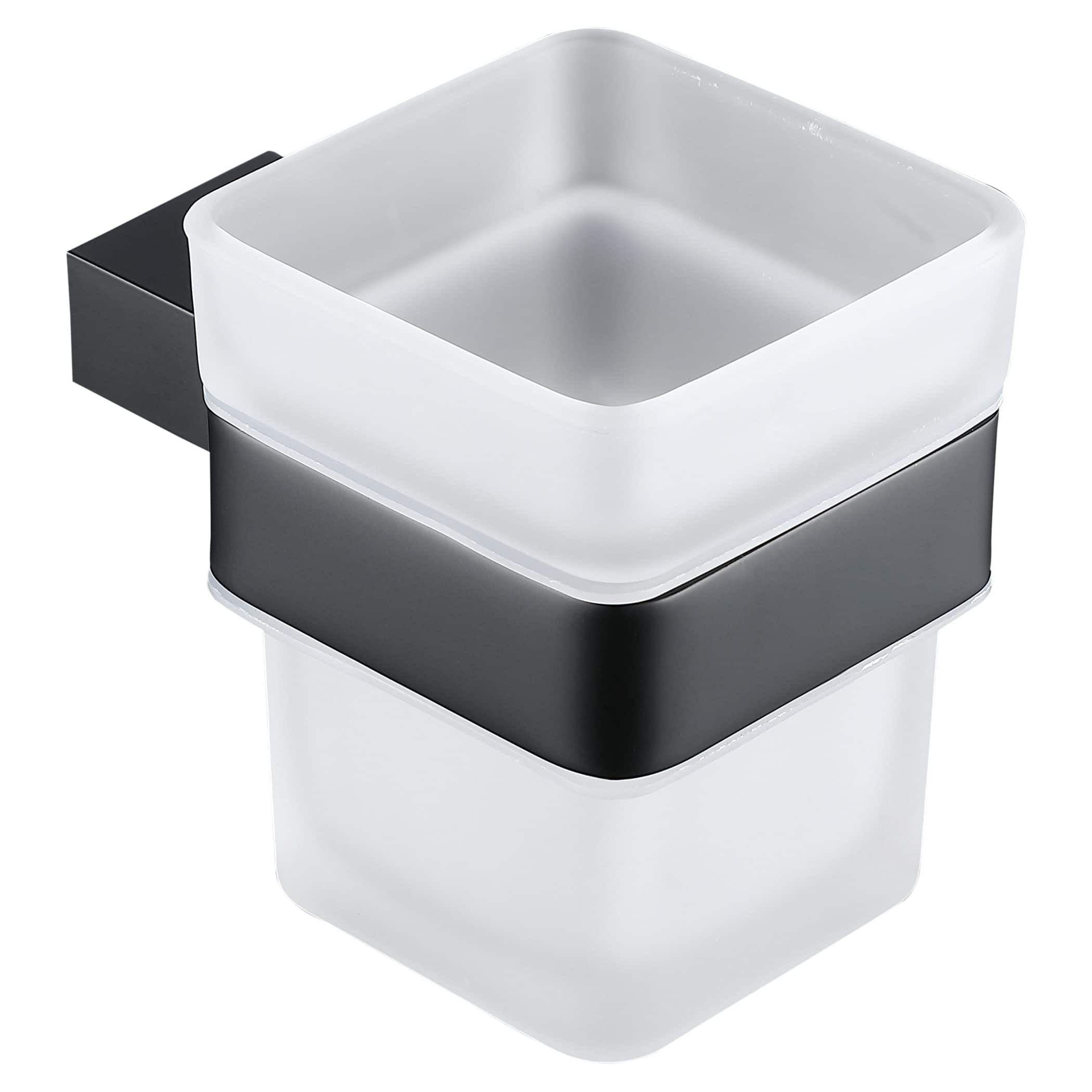 Sleek modern bathroom soap dispenser with a minimalist square design, black and white colour scheme, ideal for contemporary bathroom decor and efficient hand hygiene.