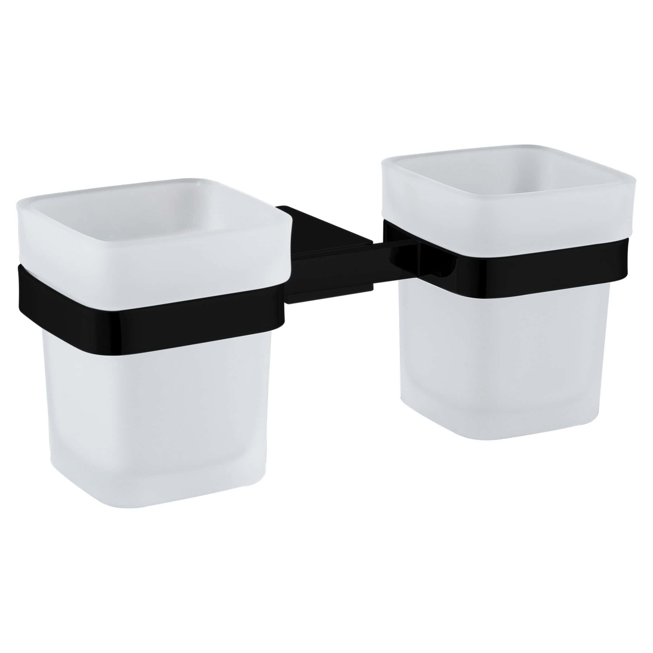 Modern double bathroom organiser with white ceramic double cups and black connecting frame, ideal for supplying bathroom essentials with stylish storage solution.