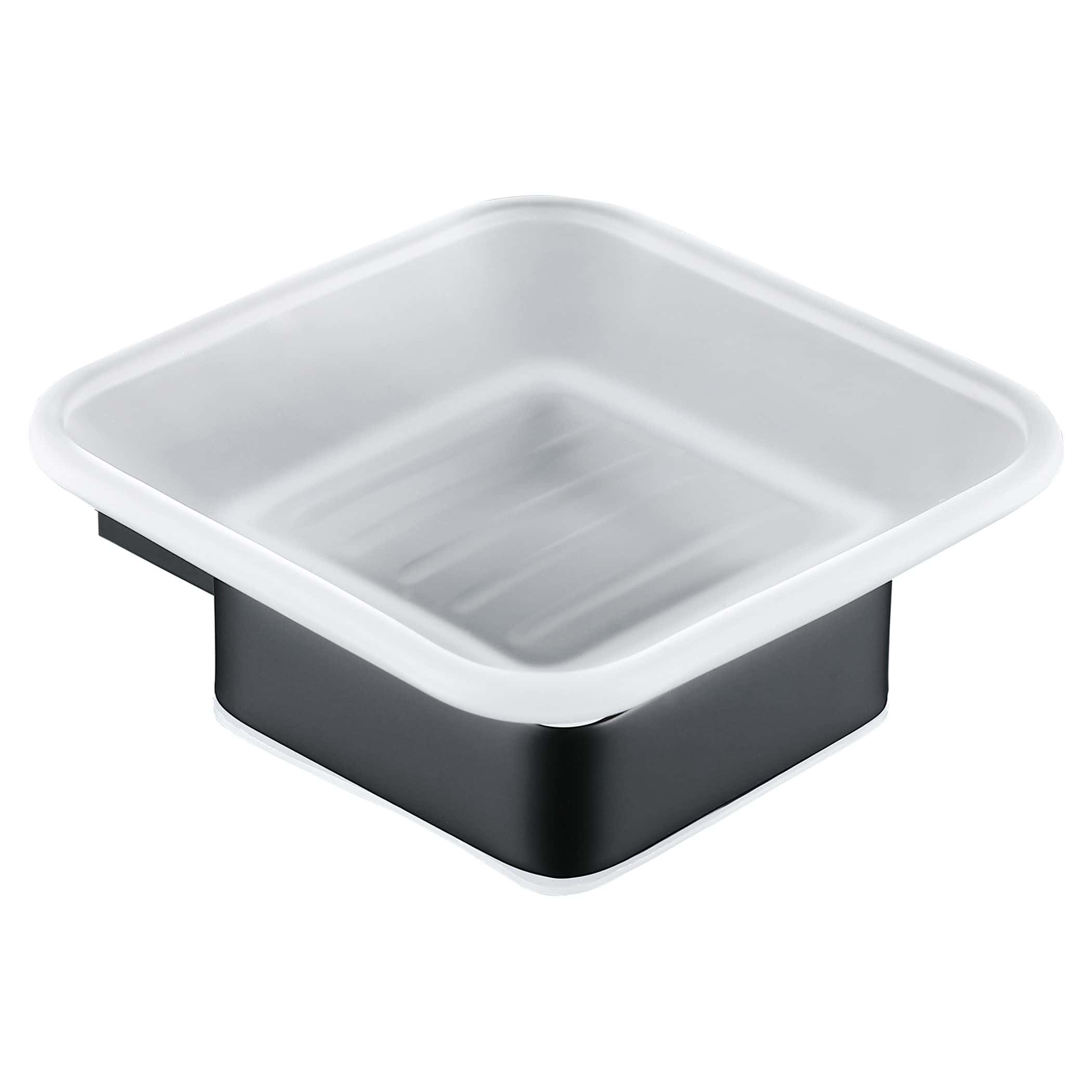 Stainless steel soap dish with black base for modern bathroom organisation and quick soap rinsing. Durable and stylish design by Bubly Bathrooms.