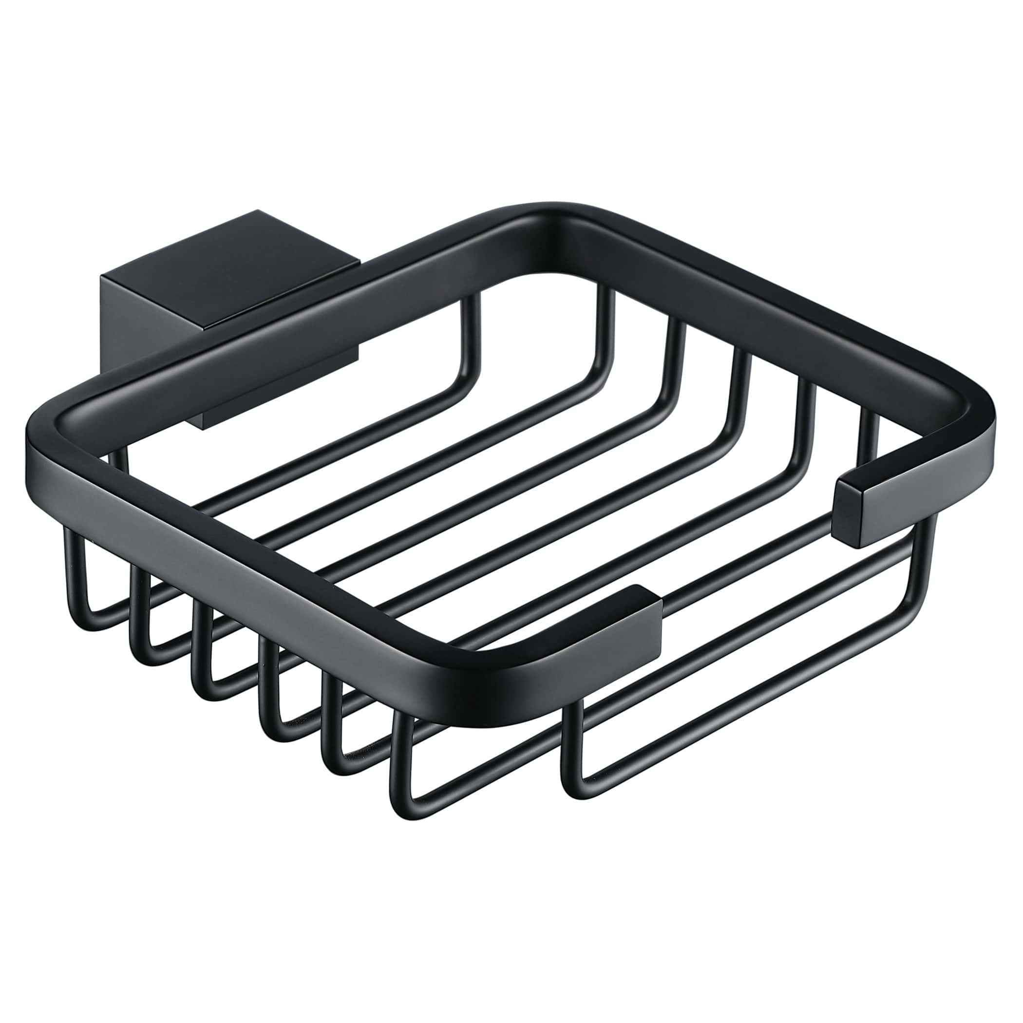 Sleek black metal bathroom soap dish with modern grid design, ideal for organising toiletries and keeping your bathroom tidy. Perfect for contemporary bathroom interiors.
