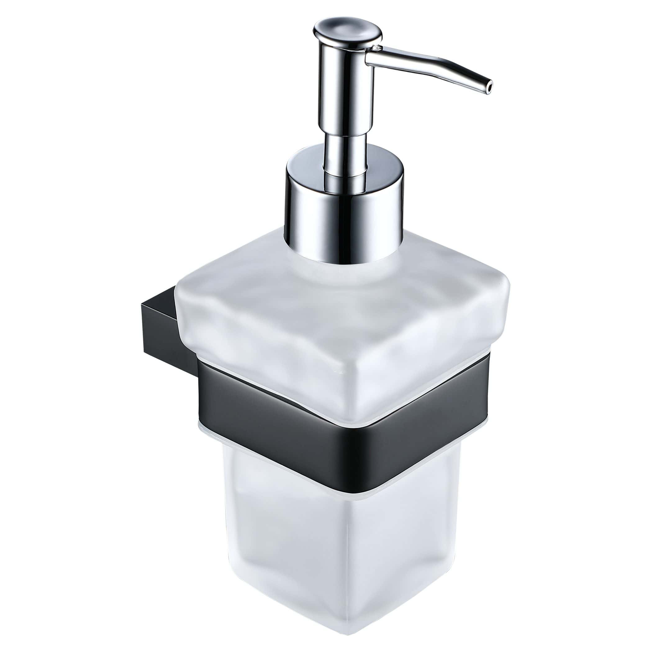 Polished chrome bathroom soap dispenser with a modern design, featuring a square frosted glass base and black accents, ideal for bathroom or vanity decor.