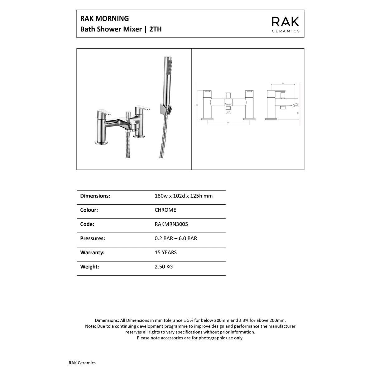 Shiny chrome RAK MORNING bath shower mixer with hand shower, modern bathroom accessories, sleek design, high-quality materials, popular for stylish bathroom upgrades.