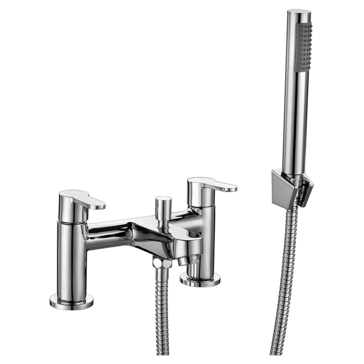 Contemporary chrome bathroom mixer tap with hand shower and flexible hose for modern bathroom fixtures. Stylish and functional, ideal for bath and shower combinations.