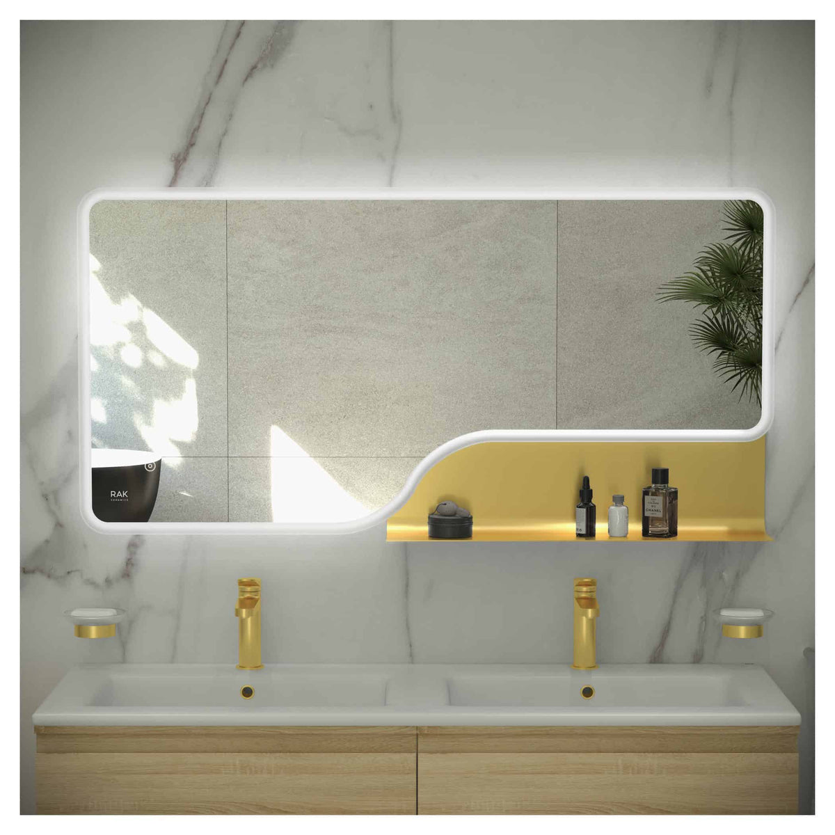 Sleek double bathroom vanity with gold fixtures, illuminated mirror, modern storage shelf, and minimalist design for contemporary bathrooms. Perfect for stylish and functional bathroom decor.