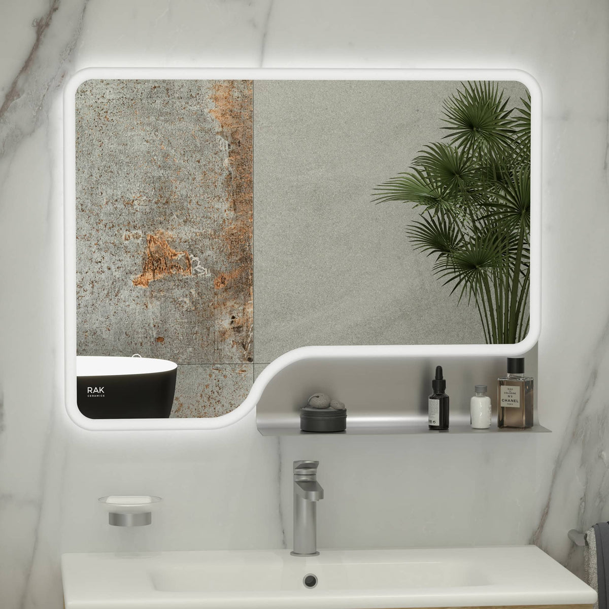 Sleek white bathroom mirror with LED lighting, set against textured wall tiles, with cosmetic bottles, a potted plant, and modern fixtures for contemporary bathroom decor.