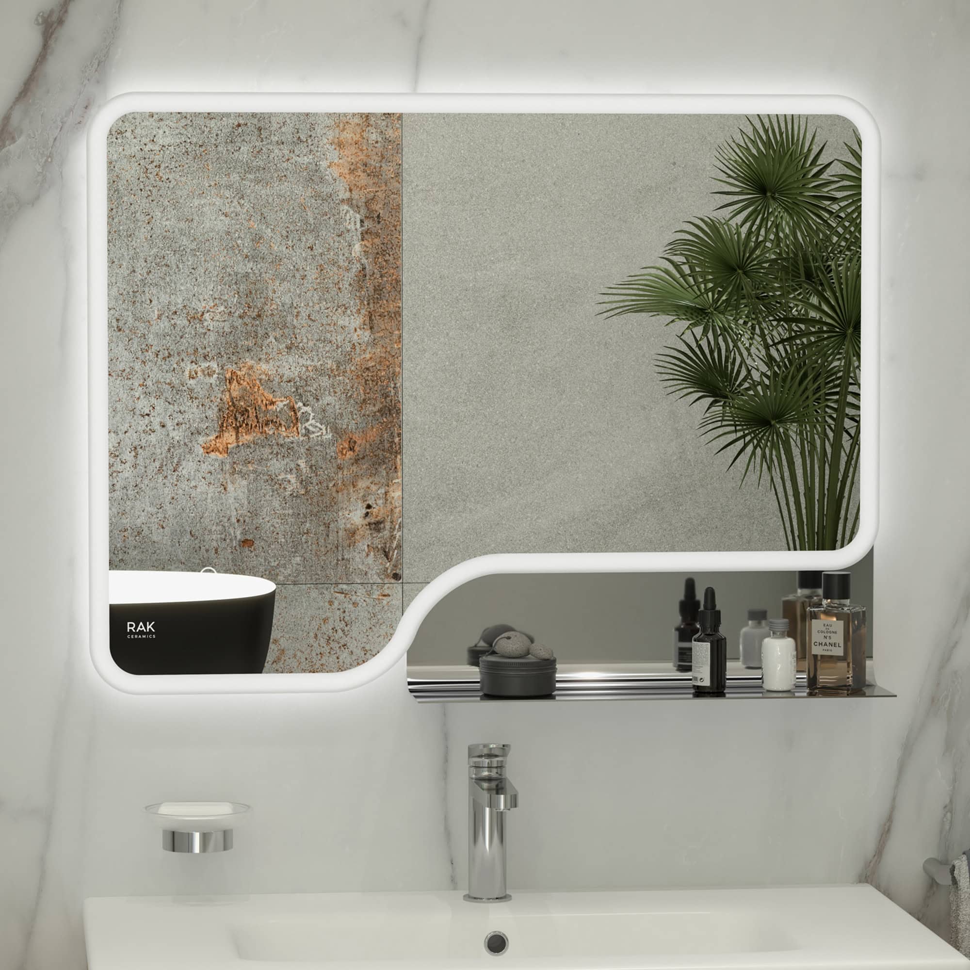 Modern bathroom mirror with built-in LED lighting, featuring a sleek design and a reflection of textured tiles and green plants for a stylish bathroom decor.