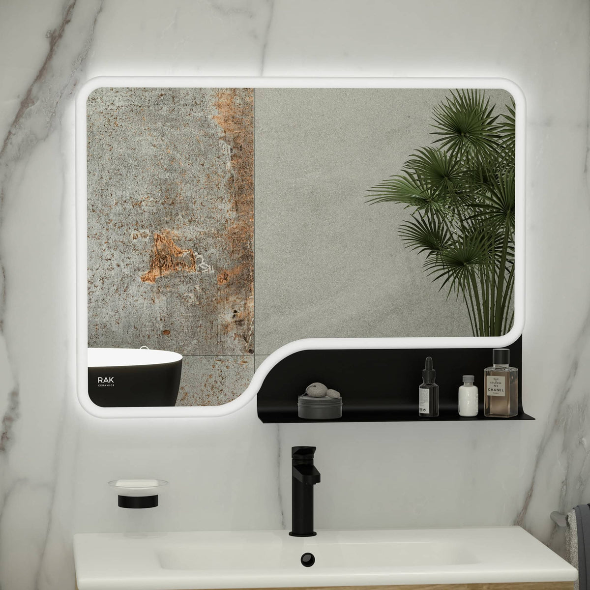 Sleek modern bathroom mirror with integrated LED lighting and black shelf, featuring bathroom essentials, a marble wall background, and a green plant, ideal for contemporary bathroom design.