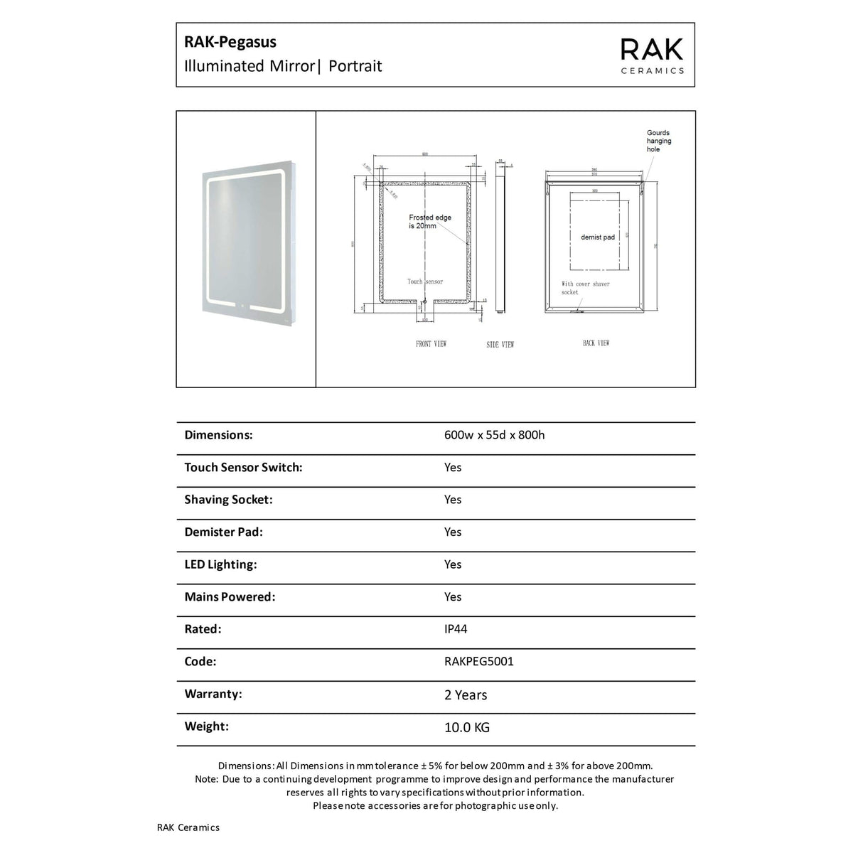 Illuminated bathroom mirror with LED lighting, touch sensor, and demister pad, ideal for modern bathrooms. RAK Ceramics mirror features sleek design, waterproof IP44 rating, and easy installation.
