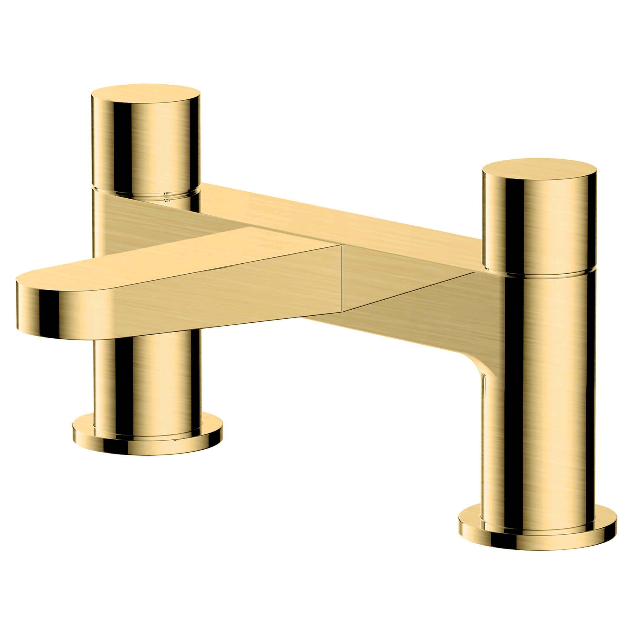 Polished gold bathroom tap, modern fixture with a sleek, minimalist design, ideal for luxury bathrooms, featuring rounded cylindrical handles and a smooth spout.