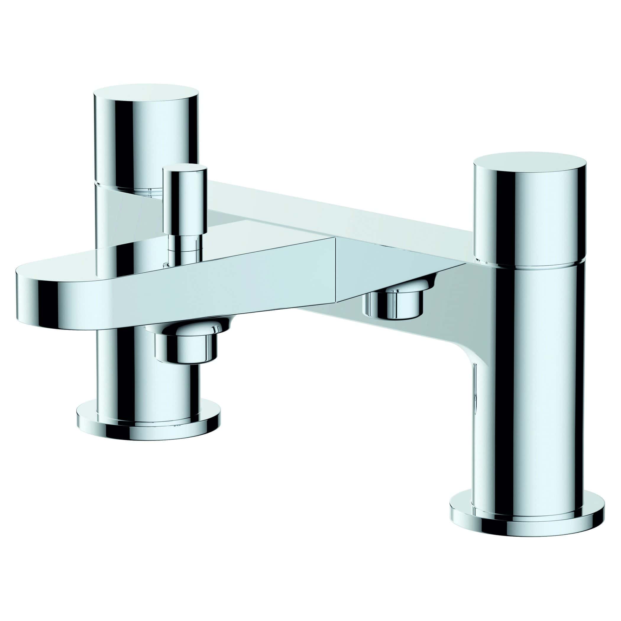 Brass bathroom tap with chrome finish, modern design, double handle, ideal for kitchen or bathroom sink, installed on white background for elegant aesthetic.