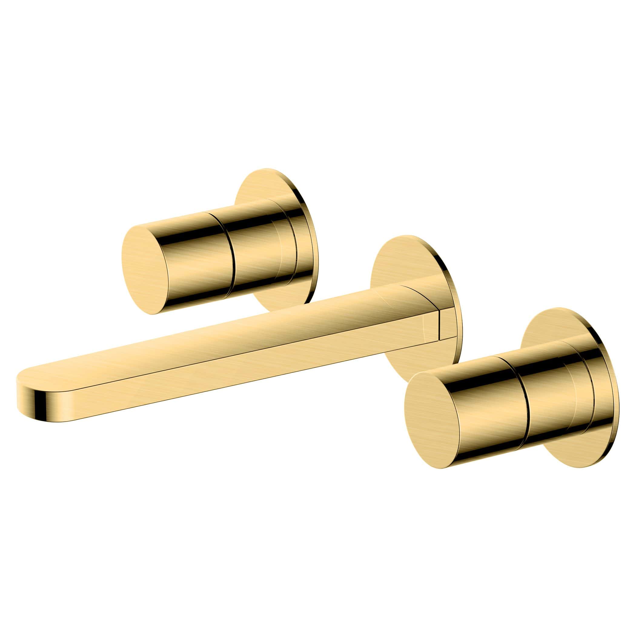 Sleek gold bathroom wall-mounted faucet set with a modern minimalist design, perfect for luxurious bathroom upgrades.