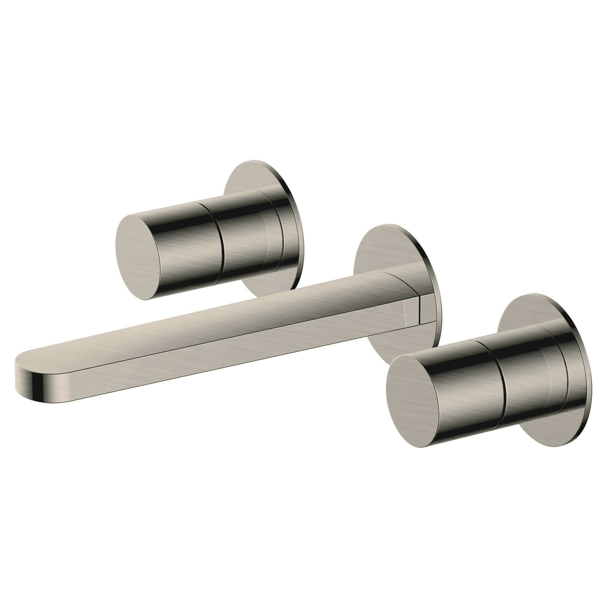 Sleek modern wall-mounted bathroom tap in brushed stainless steel finish on a white background. Perfect for contemporary bathroom remodels and high-end fixtures.