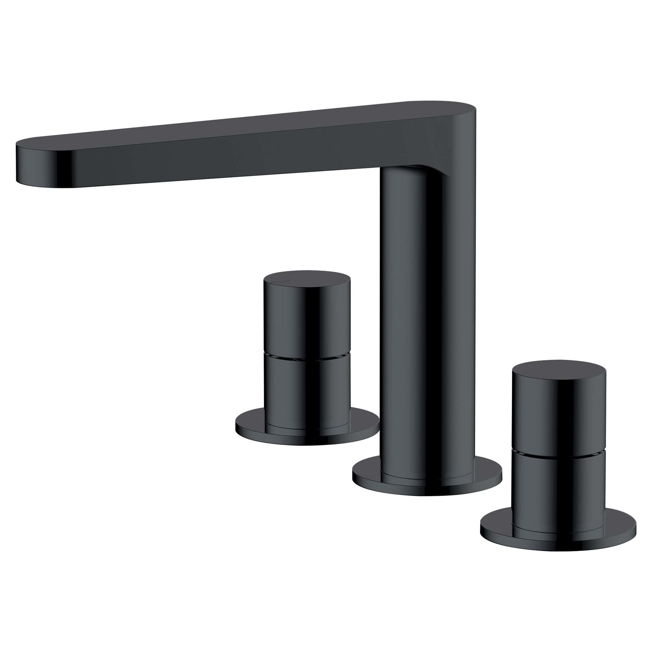 Sleek black modern bathroom mixer tap with dual handles and minimalist design, perfect for contemporary bath and sink installations. High-quality bathroom fixtures by Bubly Bathrooms.