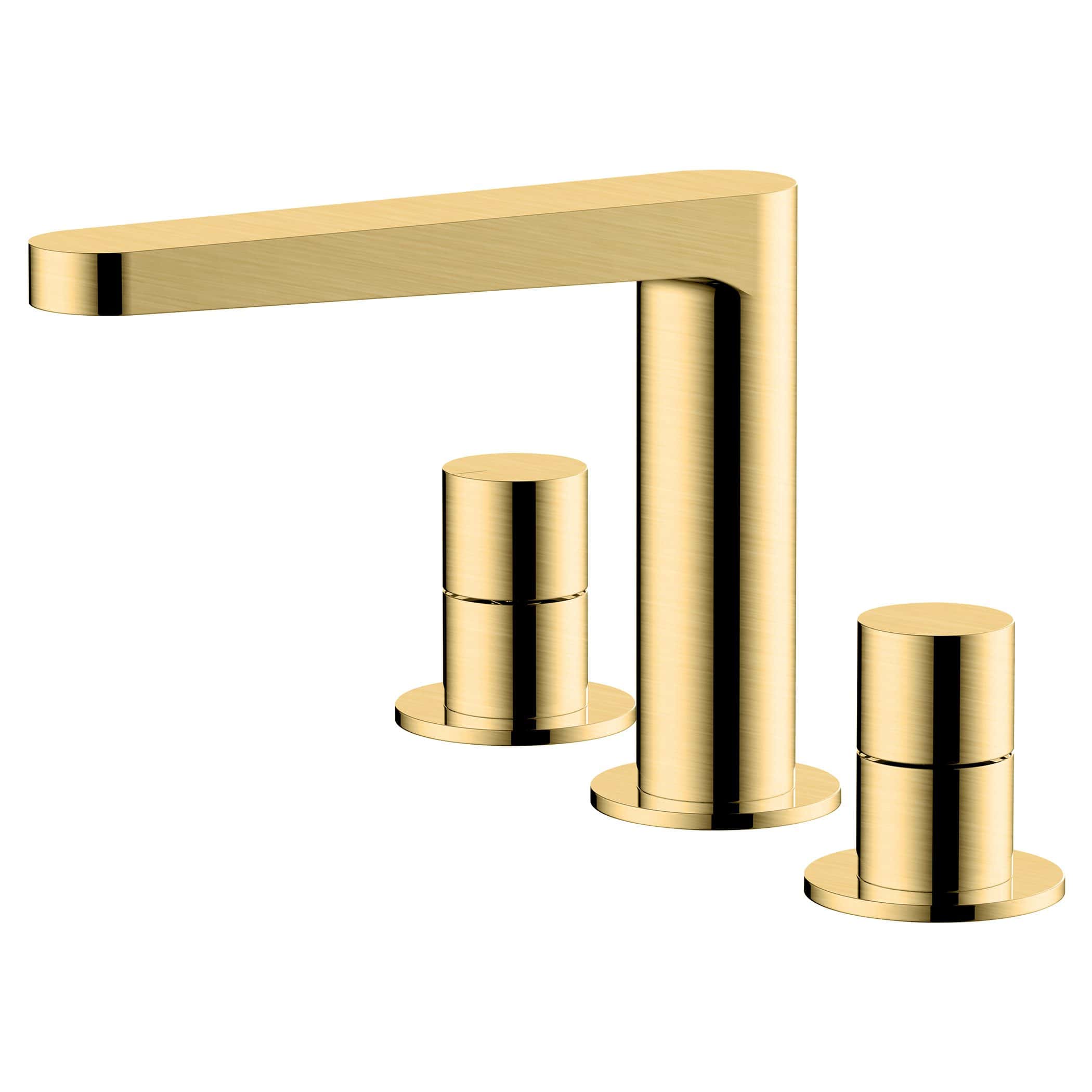 Luxurious gold bathroom tap with modern cylindrical control handles, perfect for contemporary bathroom and basin designs. Durable, stylish, and easy to install, ideal for upgrading bathroom aesthetics.