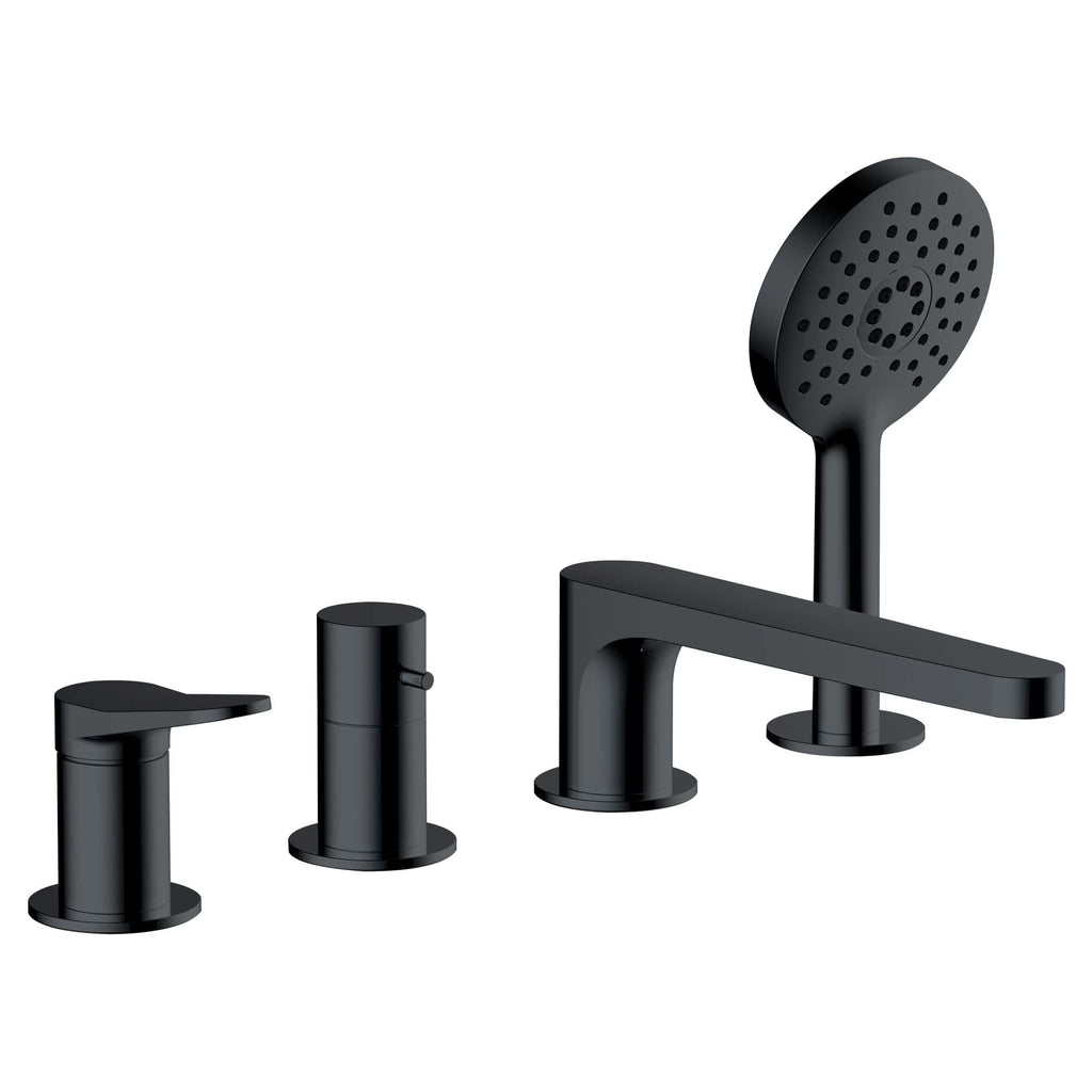 Black bathroom tap and showerhead set for modern bathroom design.