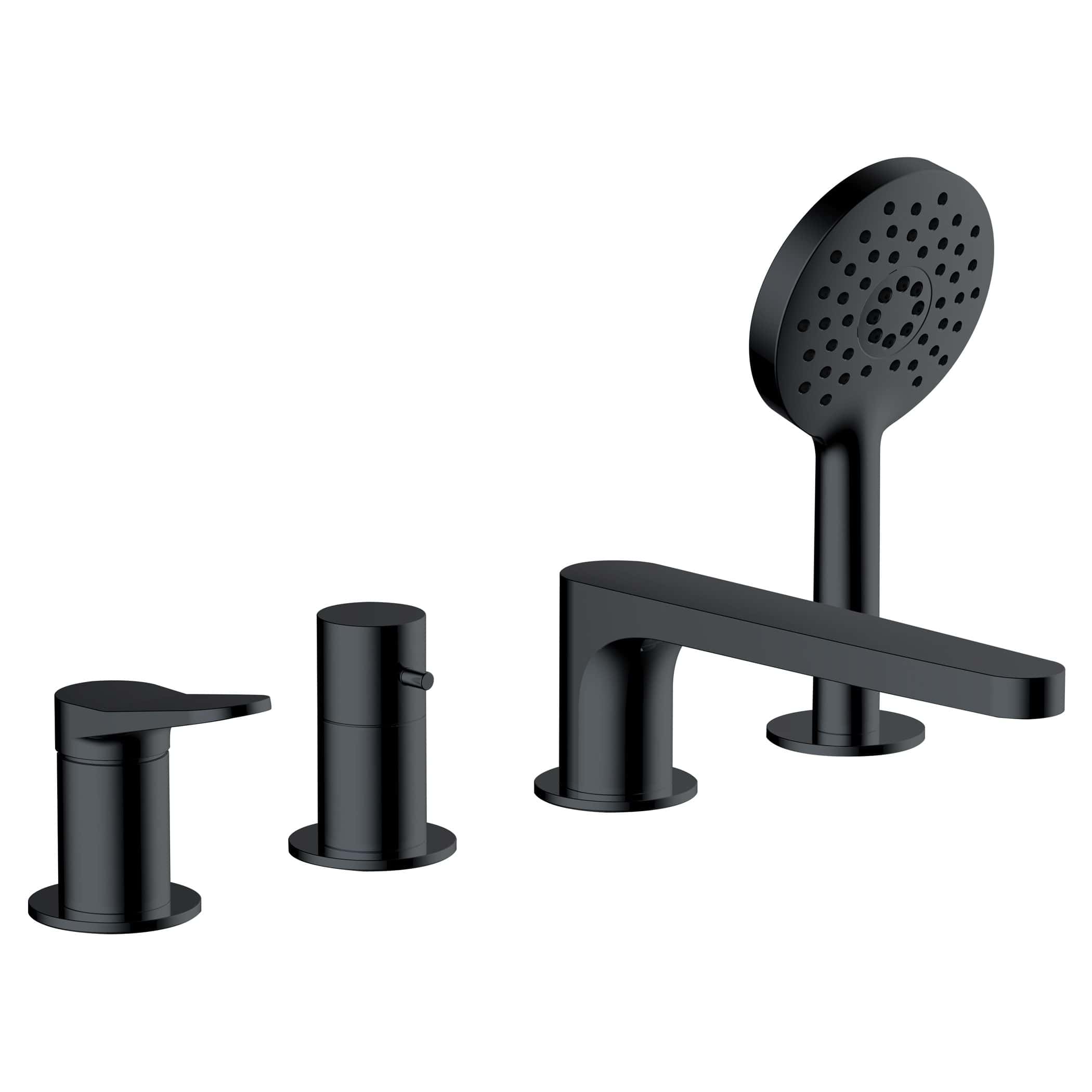 Black bathroom tap and showerhead set for modern bathroom design.