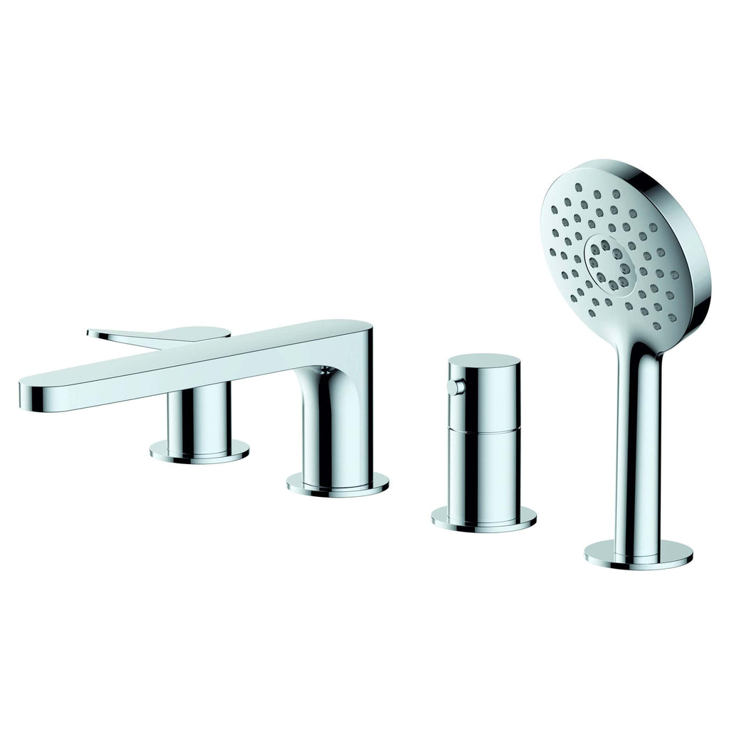 Sleek modern chrome bathroom tap with a matching handheld shower head and soap dispenser, designed for contemporary bathroom aesthetics. Perfect for stylish and functional bathroom upgrades.