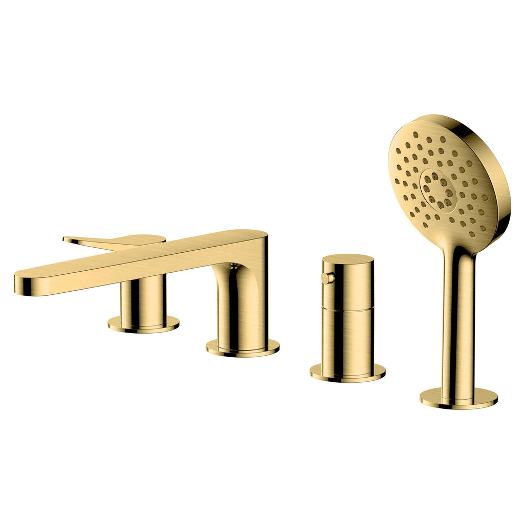Luxurious gold bathroom fixtures, including a modern tap, a handheld showerhead, and various faucet components, designed for elegant and high-end bathroom renovations.