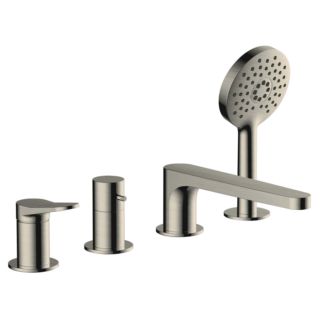 Polished stainless steel bathroom faucet set, including a hand shower, mixer tap, and separate controls, designed for modern contemporary bathroom interiors.