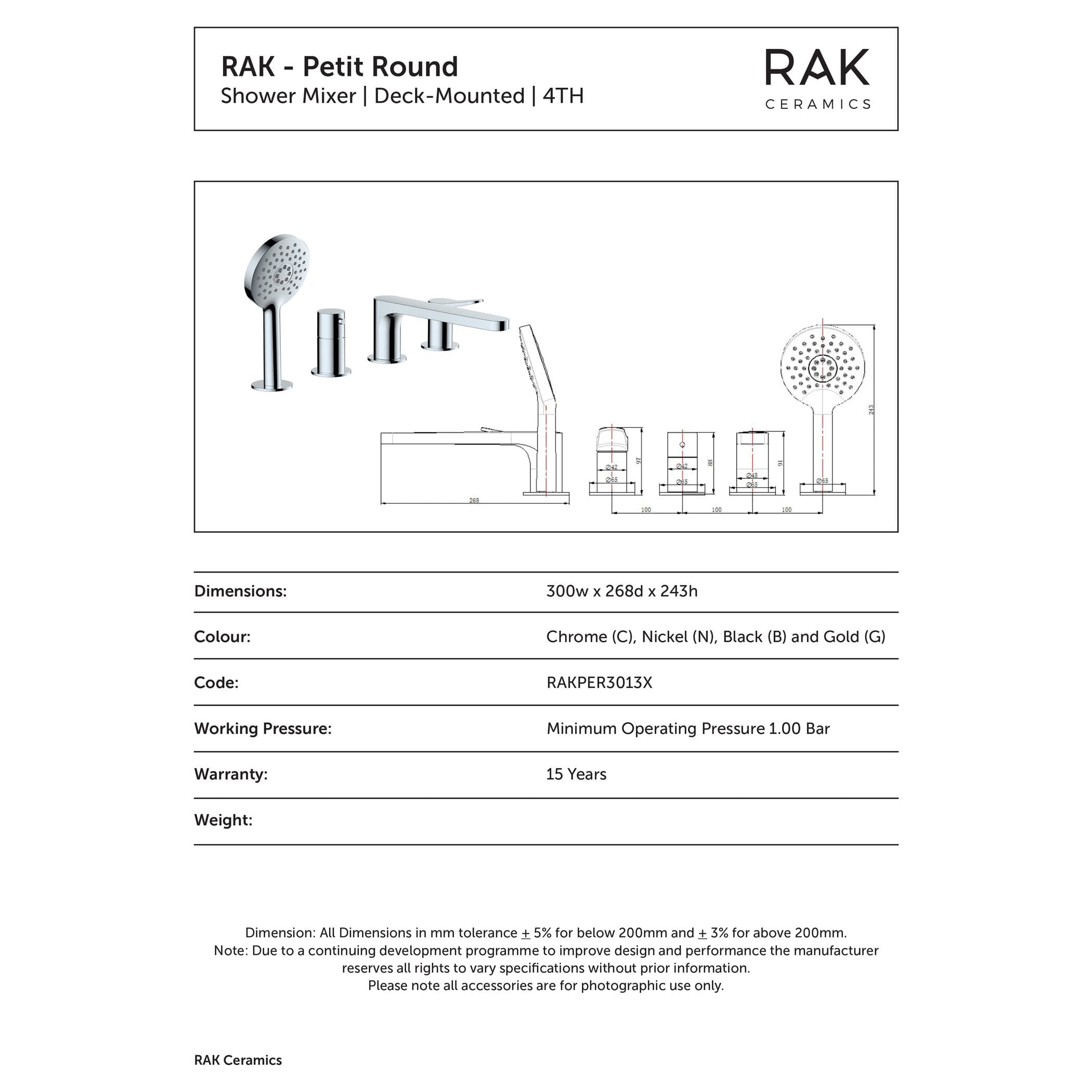 Polished chrome RAK Petit Round shower mixer with deck mount, dual-function handling, and technical specifications. Ideal for modern bathroom renovations and high-performance shower setups.