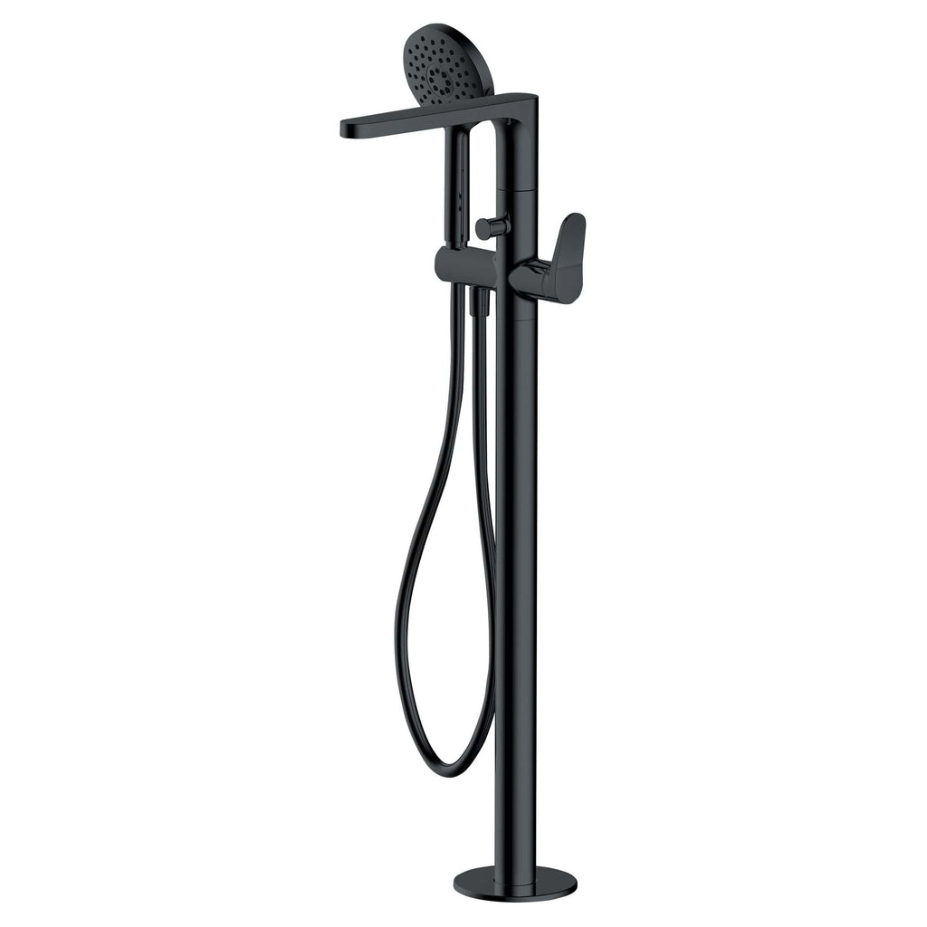 Sleek black freestanding bathroom shower panel with handheld showerhead and modern design for luxury bathroom renovations.