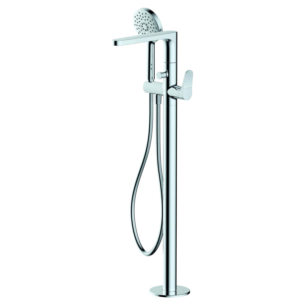 Polished chrome freestanding shower mixer with handheld shower head and hose, modern bathroom fixture for contemporary designs.