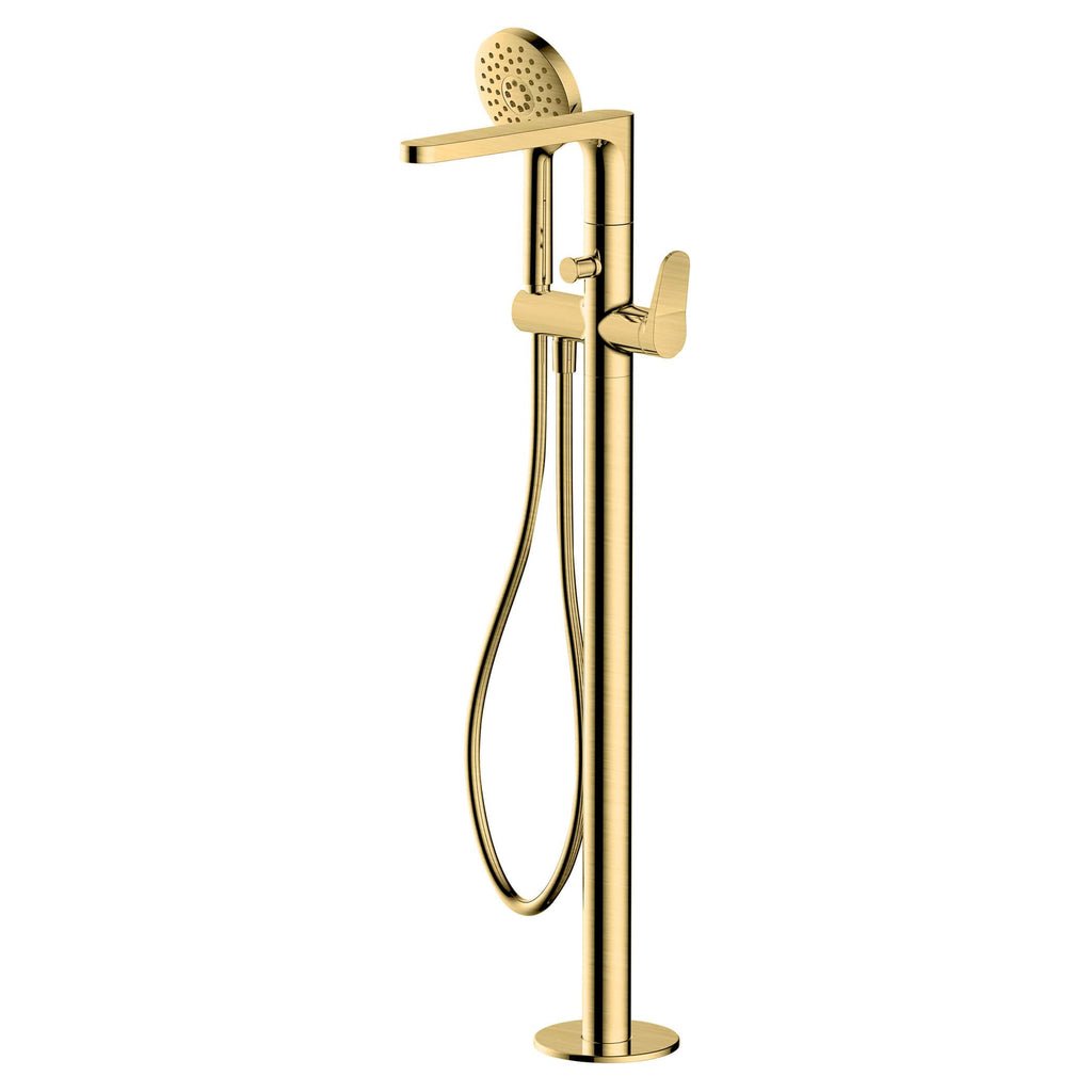 Sleek gold freestanding bathroom shower mixer with handheld shower, perfect for modern Bubly bathrooms. Elegant design enhances contemporary bathroom aesthetics.