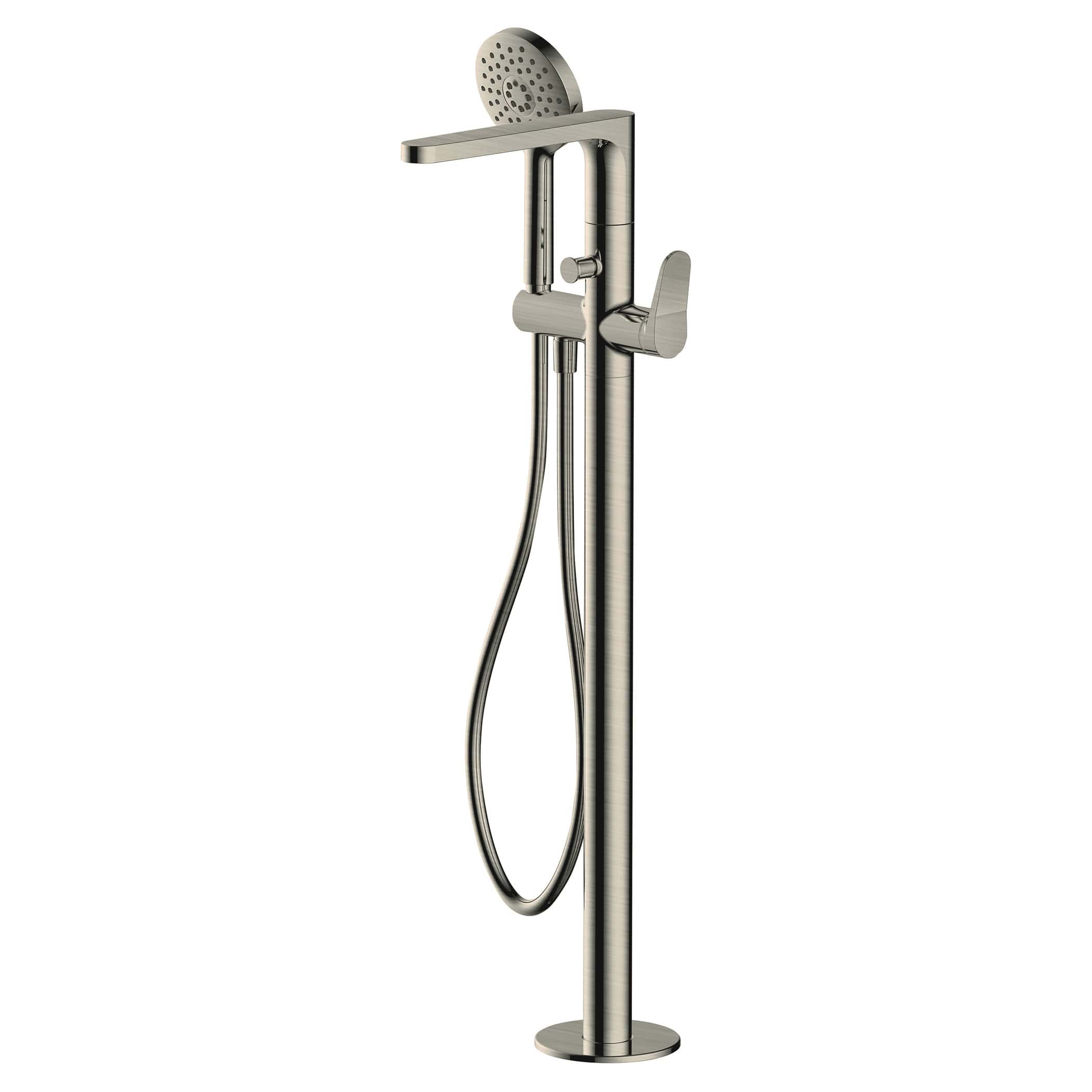 Modern freestanding bathroom shower system with handheld showerhead, chrome finish, and sleek design for contemporary bathroom upgrades.