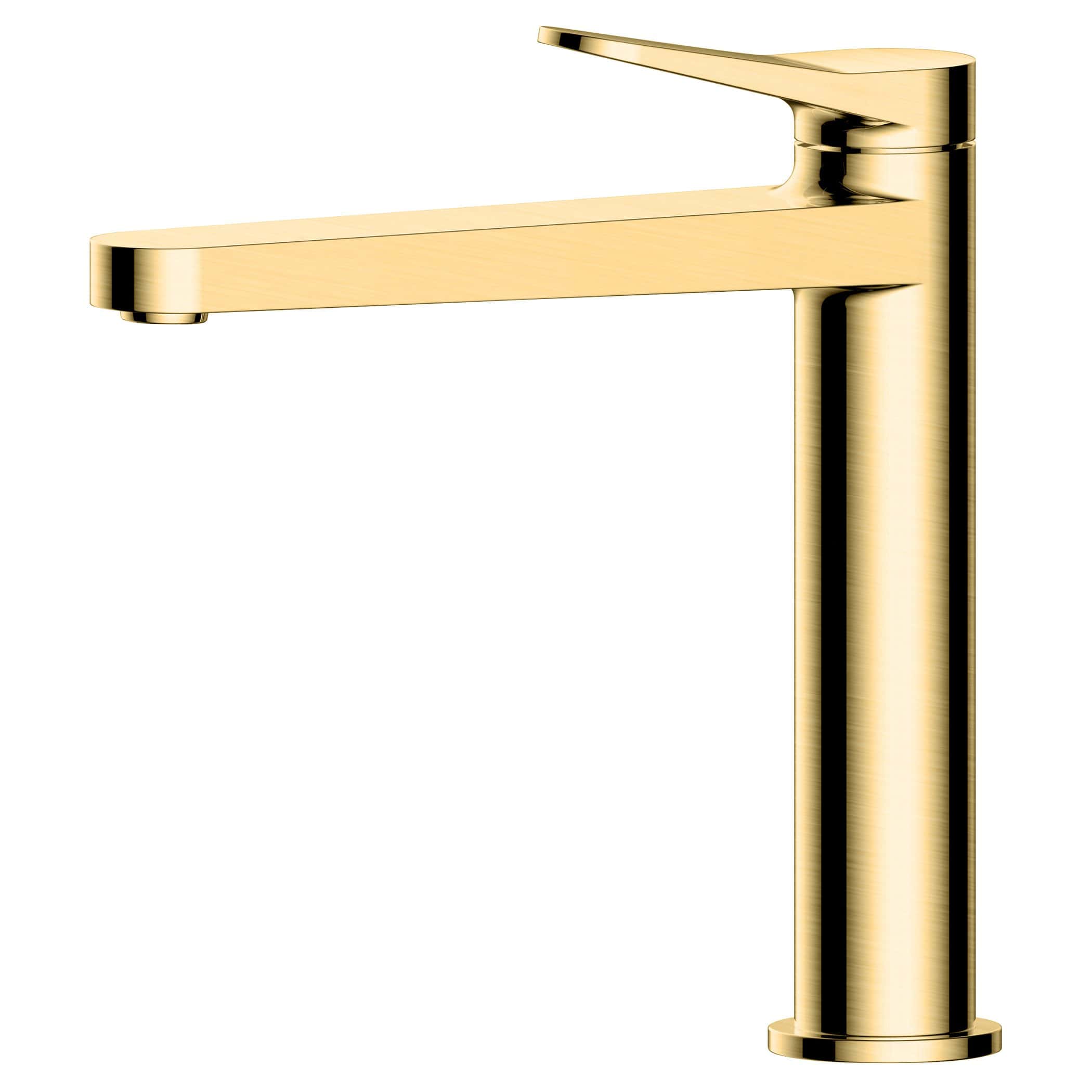 Brass bathroom tap, modern brass kitchen tap, luxury gold-finish sink mixer, contemporary bathroom hardware, designer brass tap for bathroom and kitchen.