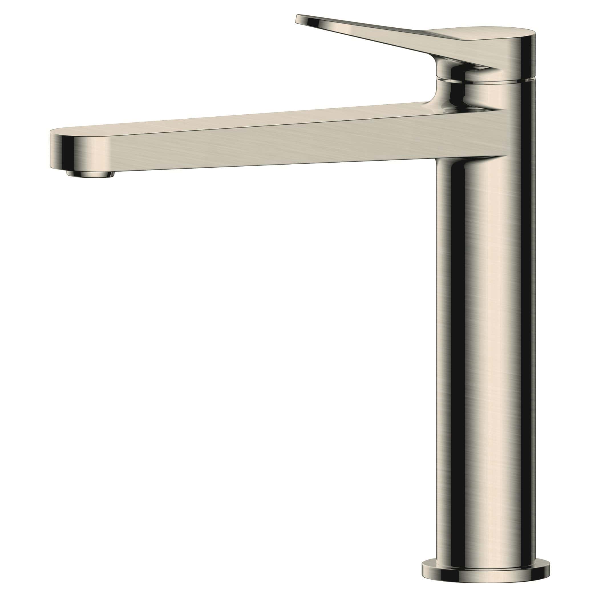 Sleek brushed nickel bathroom tap with modern design, ideal for contemporary bathroom suites and washbasins. Perfect for enhancing elegant and functional bathroom aesthetics with easy installation.
