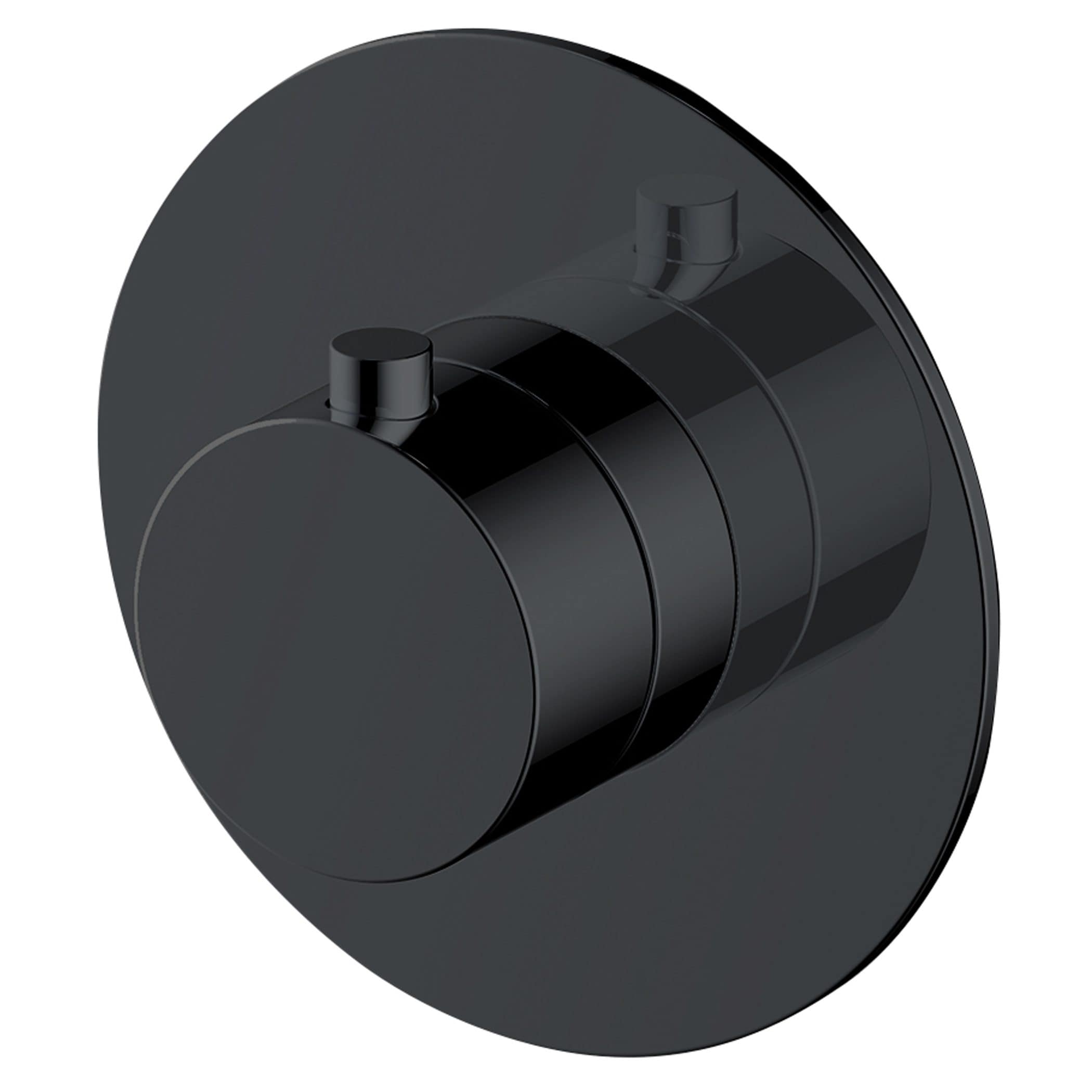 Black thermostatic shower control valve, wall-mounted with modern design for bathroom luxury and safety.