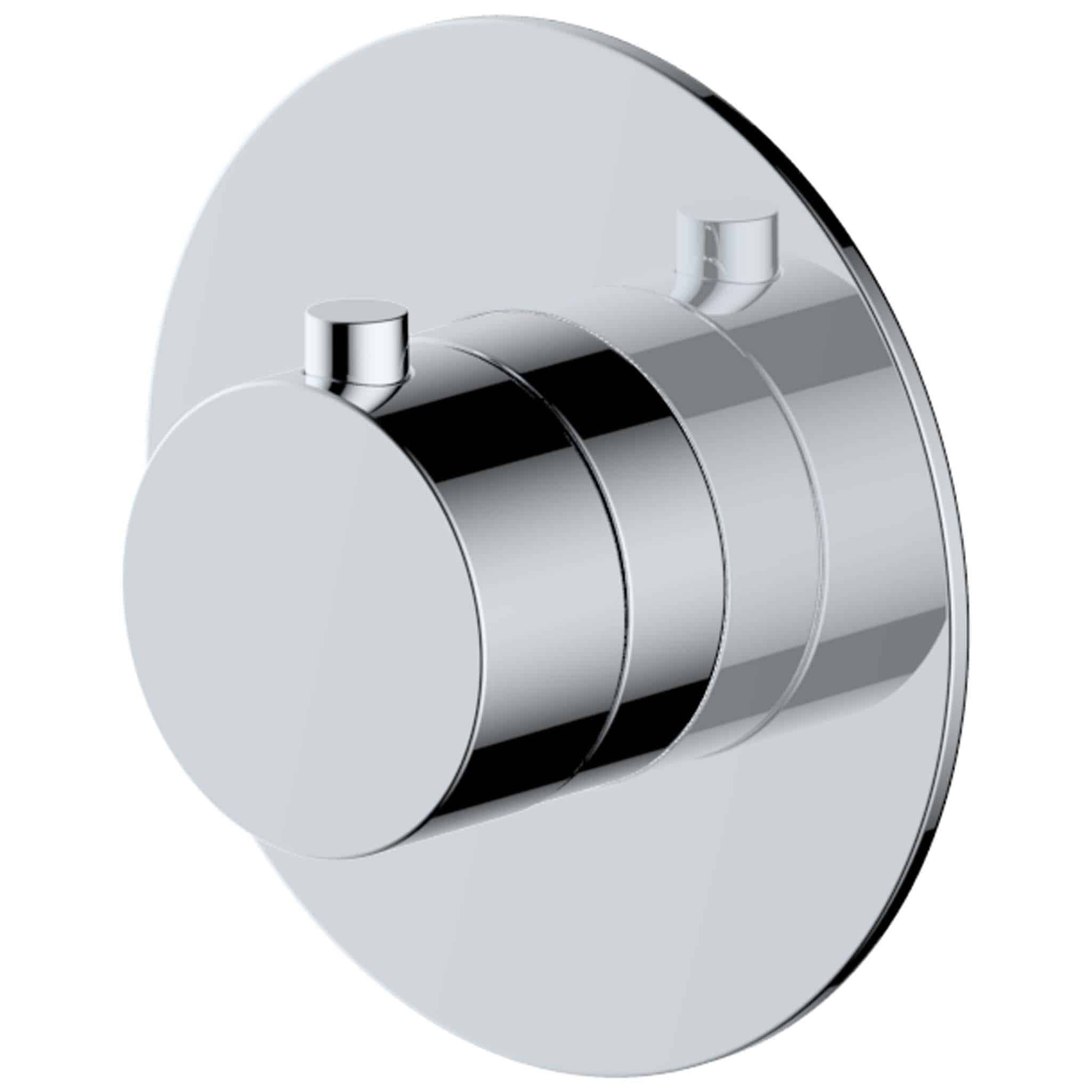 Shower control knob, modern chrome bathroom fixture for water temperature adjustment.