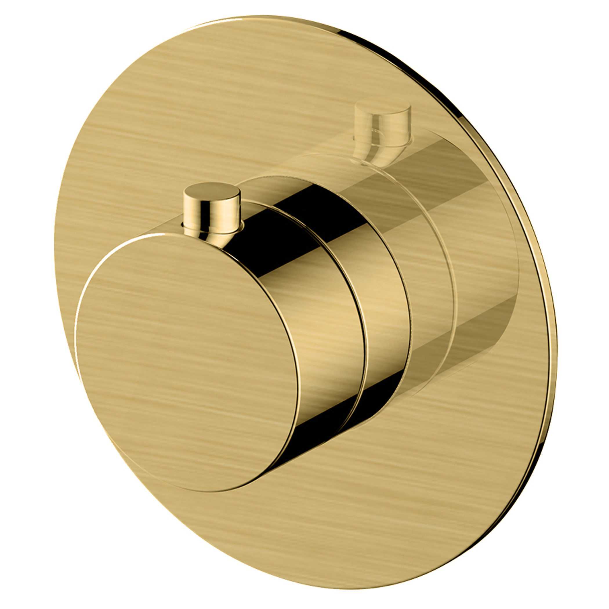 Sleek gold thermostatic shower control valve with modern design, perfect for luxury bubly bathroom installations and high-end bathroom upgrades.