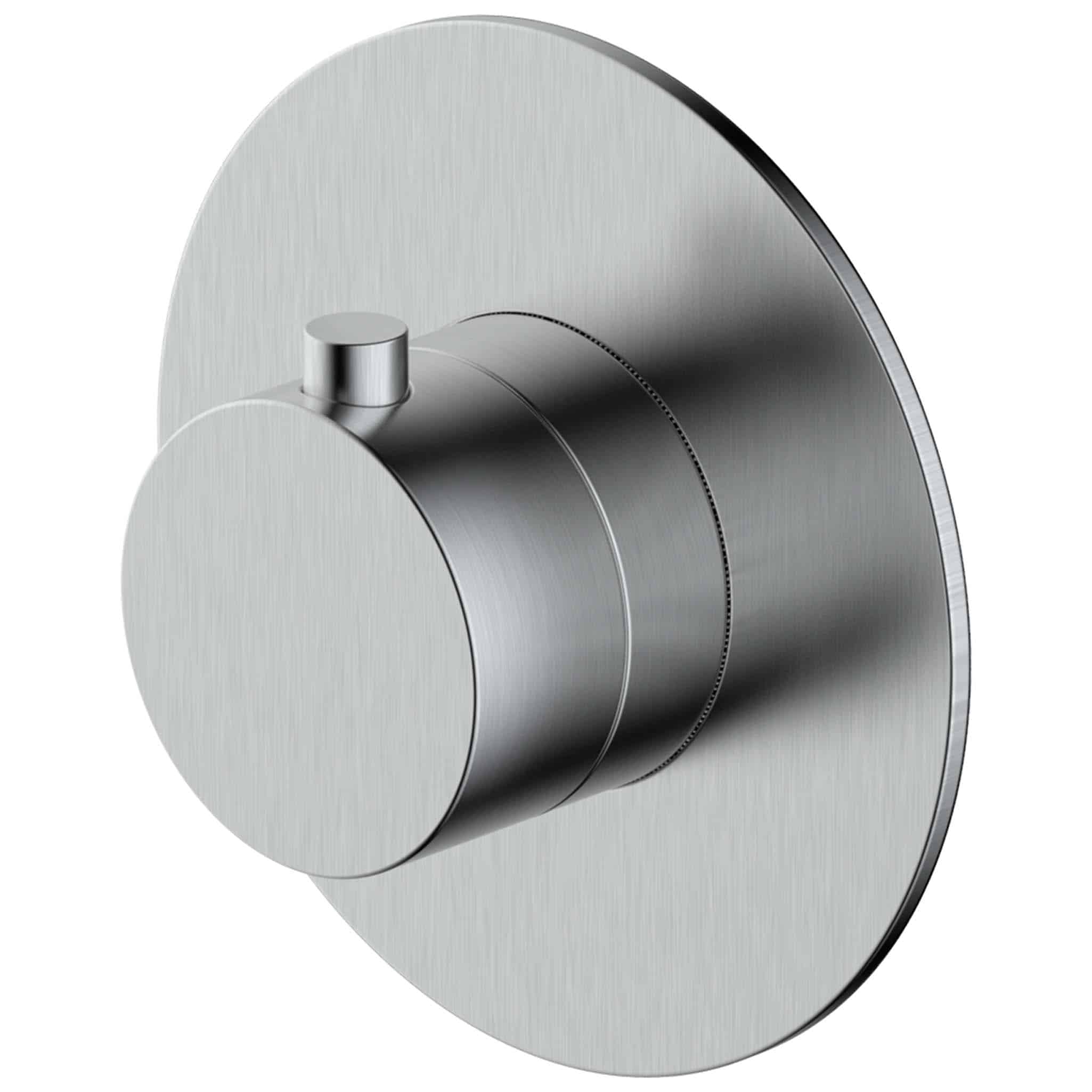 Sleek modern shower control valve with a chrome finish, wall-mounted design, adjustable temperature and flow for stylish and functional bathroom fixtures.