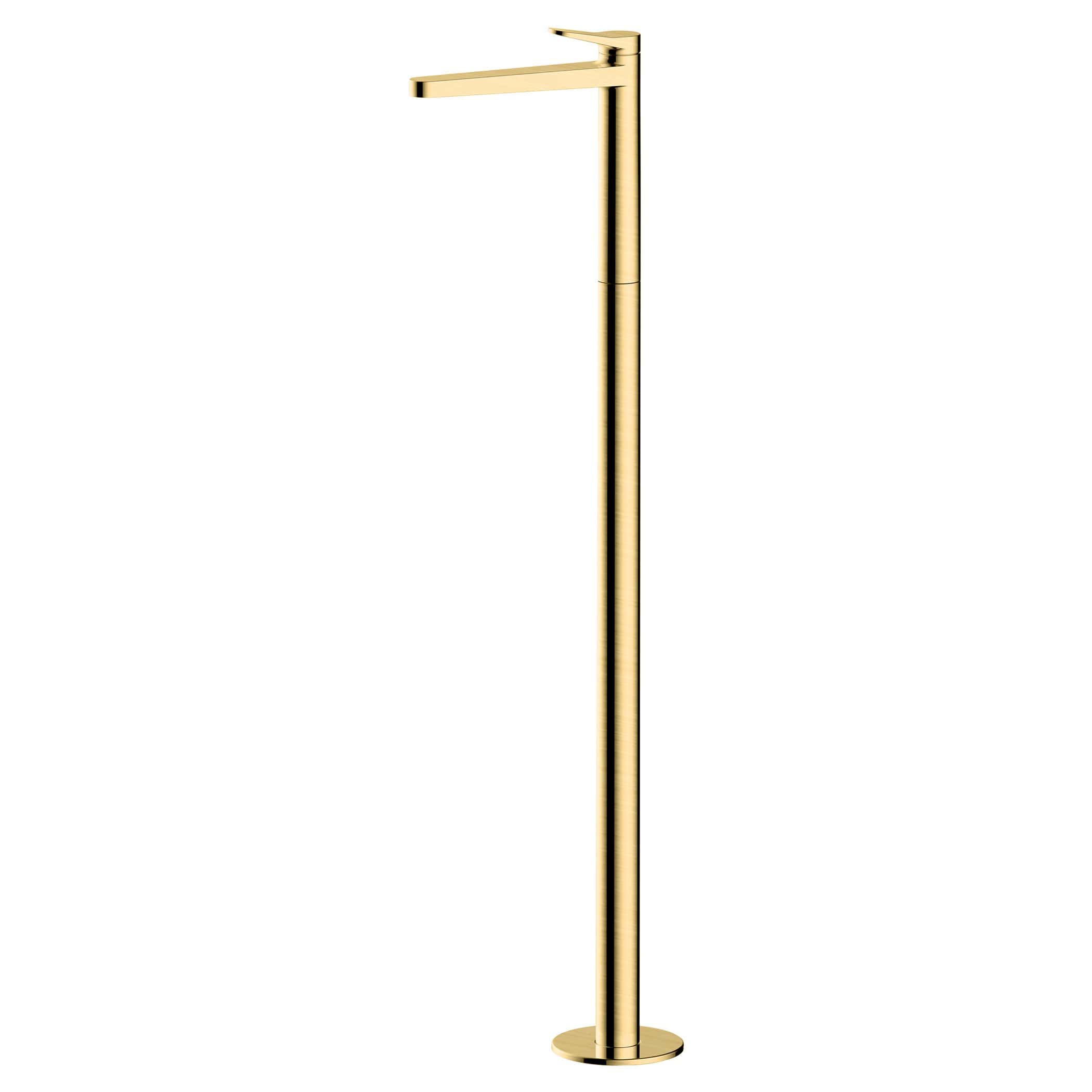 Sleek gold freestanding bathroom tap with modern minimalist design, perfect for luxury bathrooms, blending functionality with elegant aesthetics.