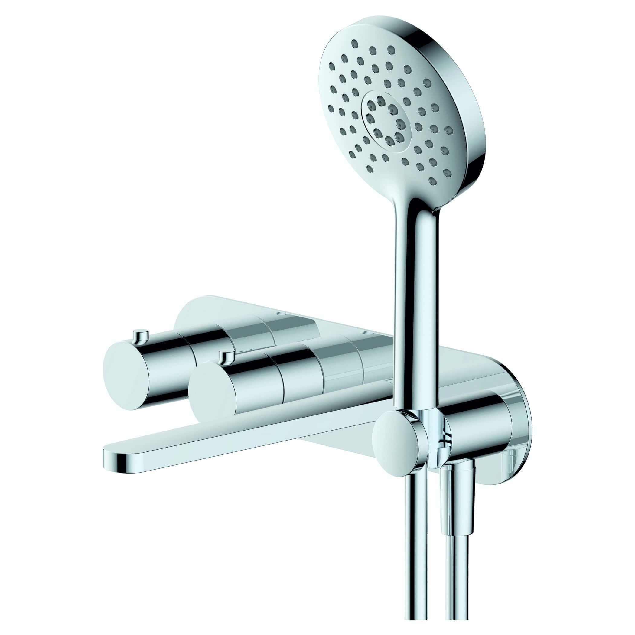 Showerhead and mixer tap fixtures in polished chrome, ideal for modern bathroom shower systems and accessories. Compatible with Bubly Bathrooms’ contemporary bathroom designs and fittings.
