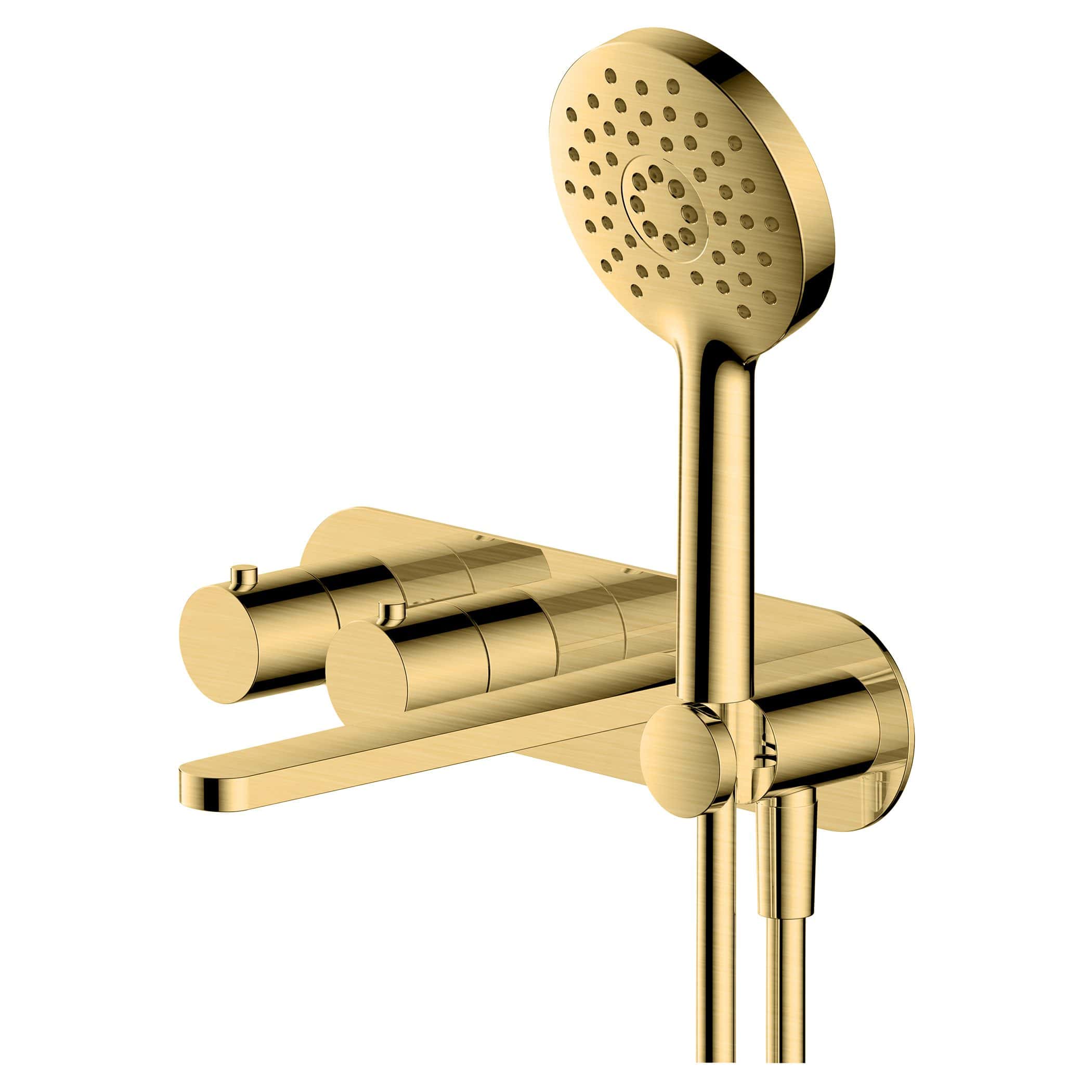 Polished gold shower head and mixer tap set from Bubly Bathrooms, modern bathroom fixtures, luxury gold finish bathroom accessories, stylish and premium quality bathroom hardware.