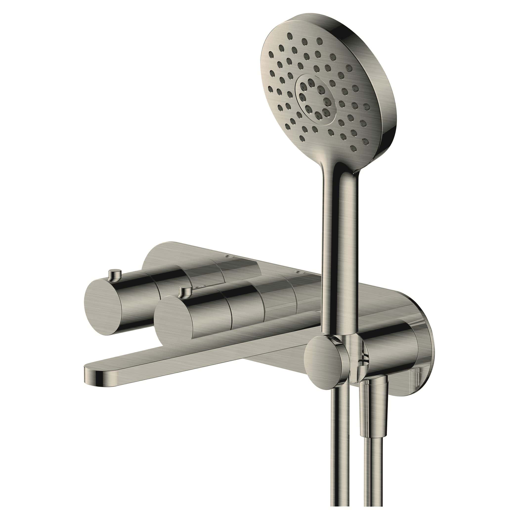 Shower head and mixer tap in brushed stainless steel, modern bathroom fixtures for a sleek and contemporary look.