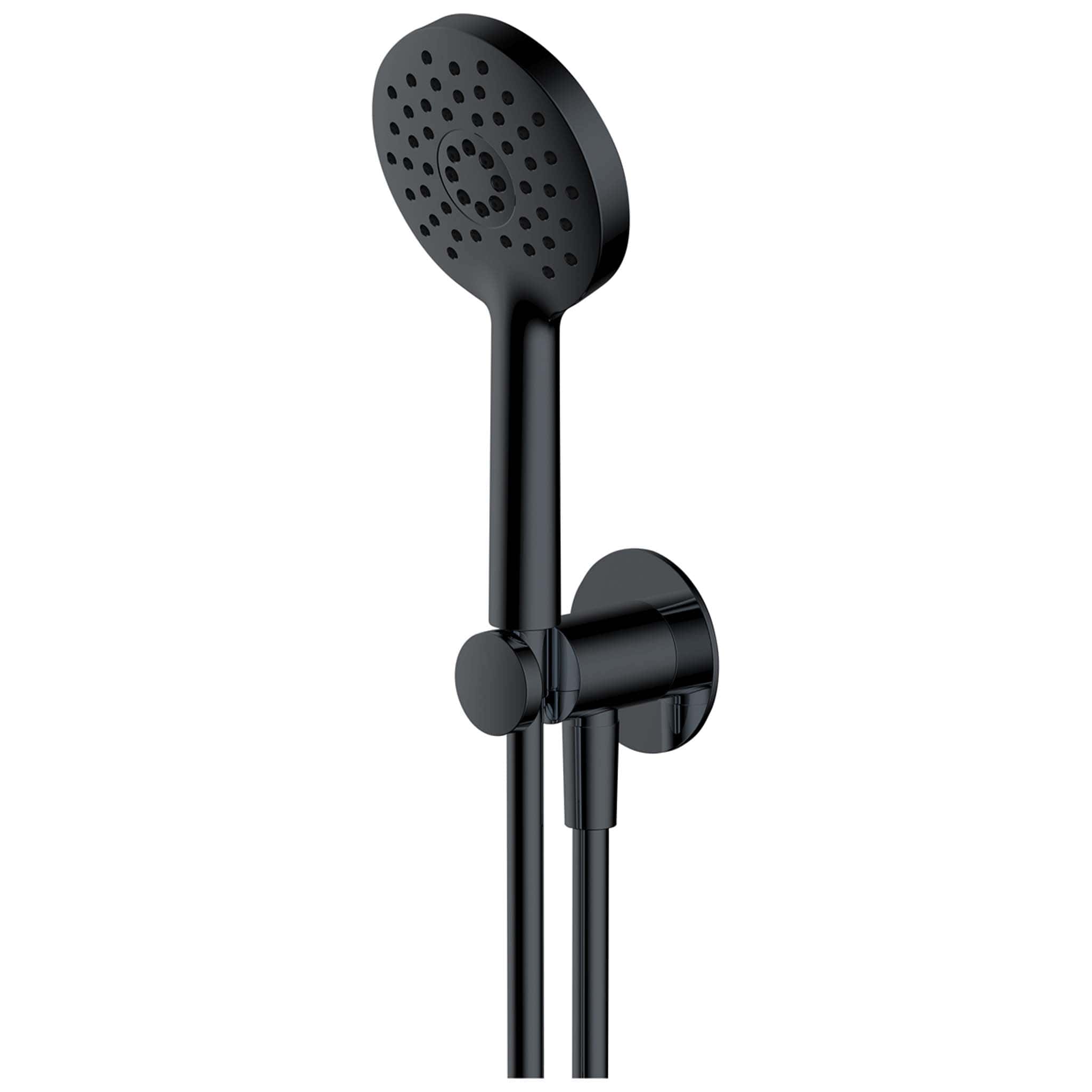 Minimalist black handheld shower head with adjustable water flow for modern bathrooms.