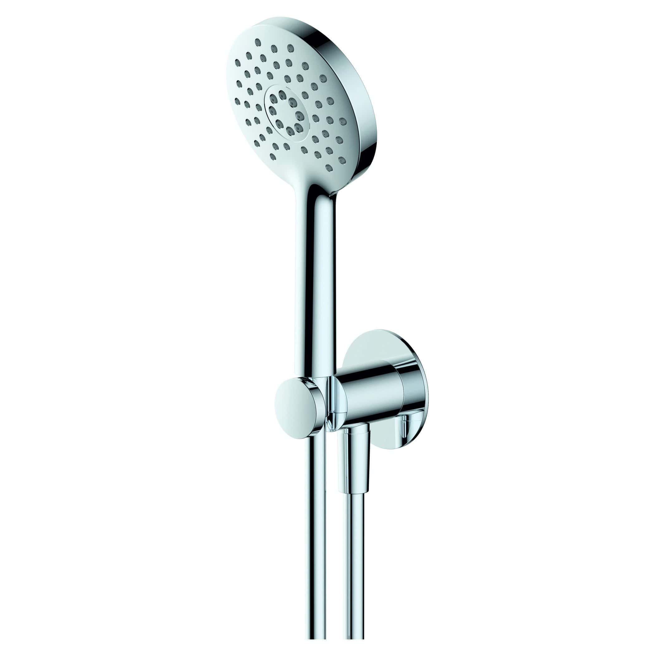 Polished chrome handheld shower head with adjustable spray settings, modern bathroom fixture for luxurious shower experience.