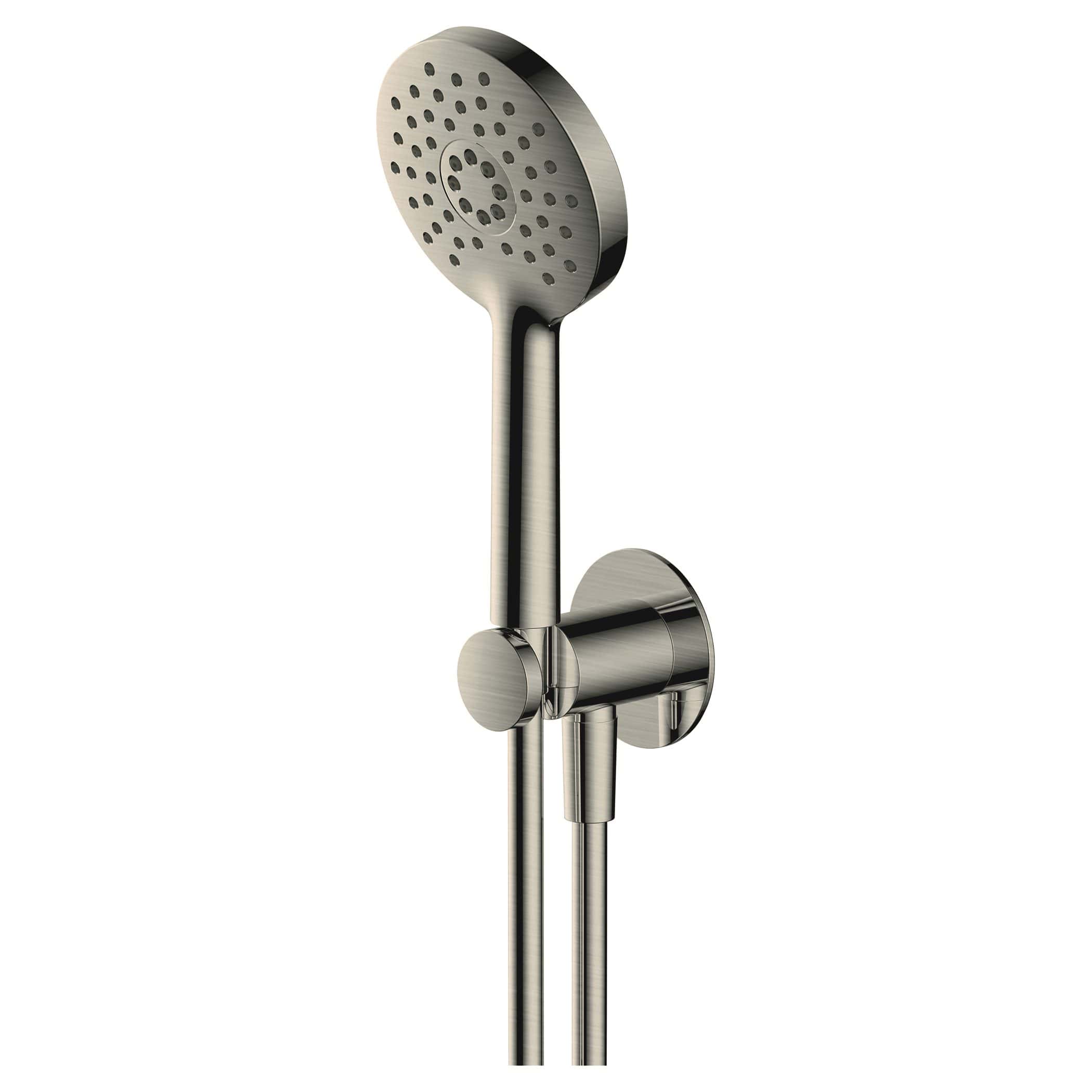 Brushed stainless steel shower head and rail system for modern bathroom design, perfect for luxurious and functional bubly bathrooms.