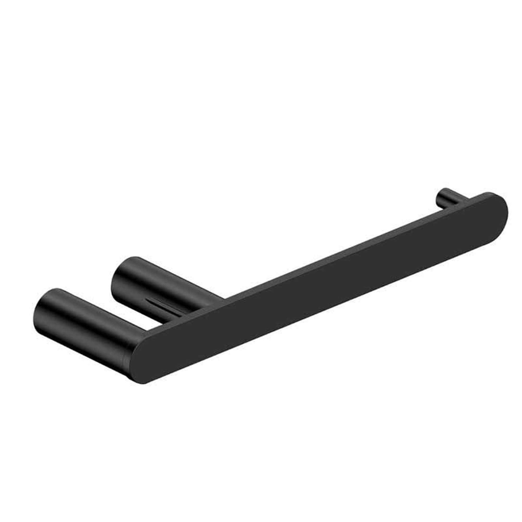 Sleek black wall-mounted bathroom towel bar with modern design, ideal for enhancing bathroom organisation and style. Perfect for towel storage in contemporary bathrooms.
