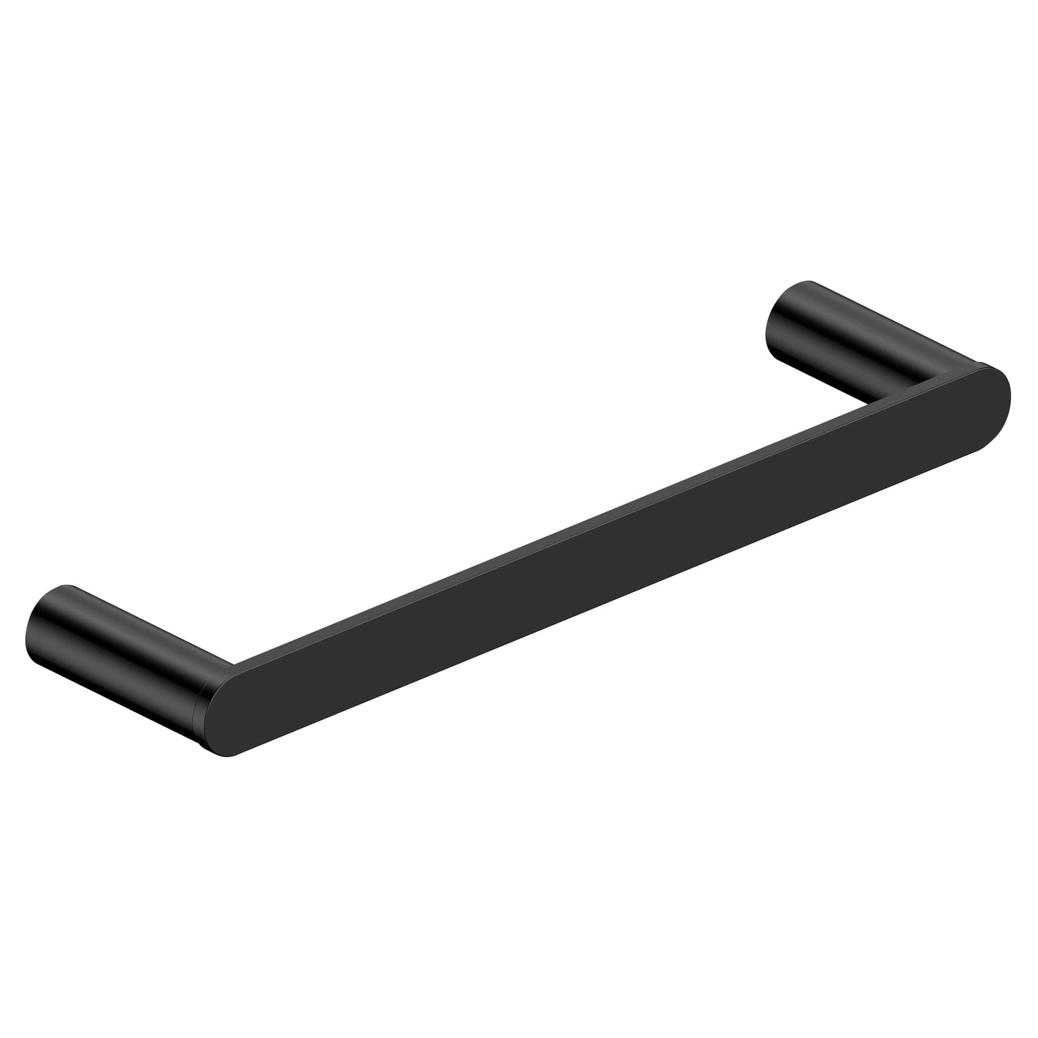 Black bathroom towel rail with cylindrical end mounts for modern bathroom decor. Sleek and minimalist design by Bubly Bathrooms, perfect for towel storage and enhancing bathroom aesthetics.